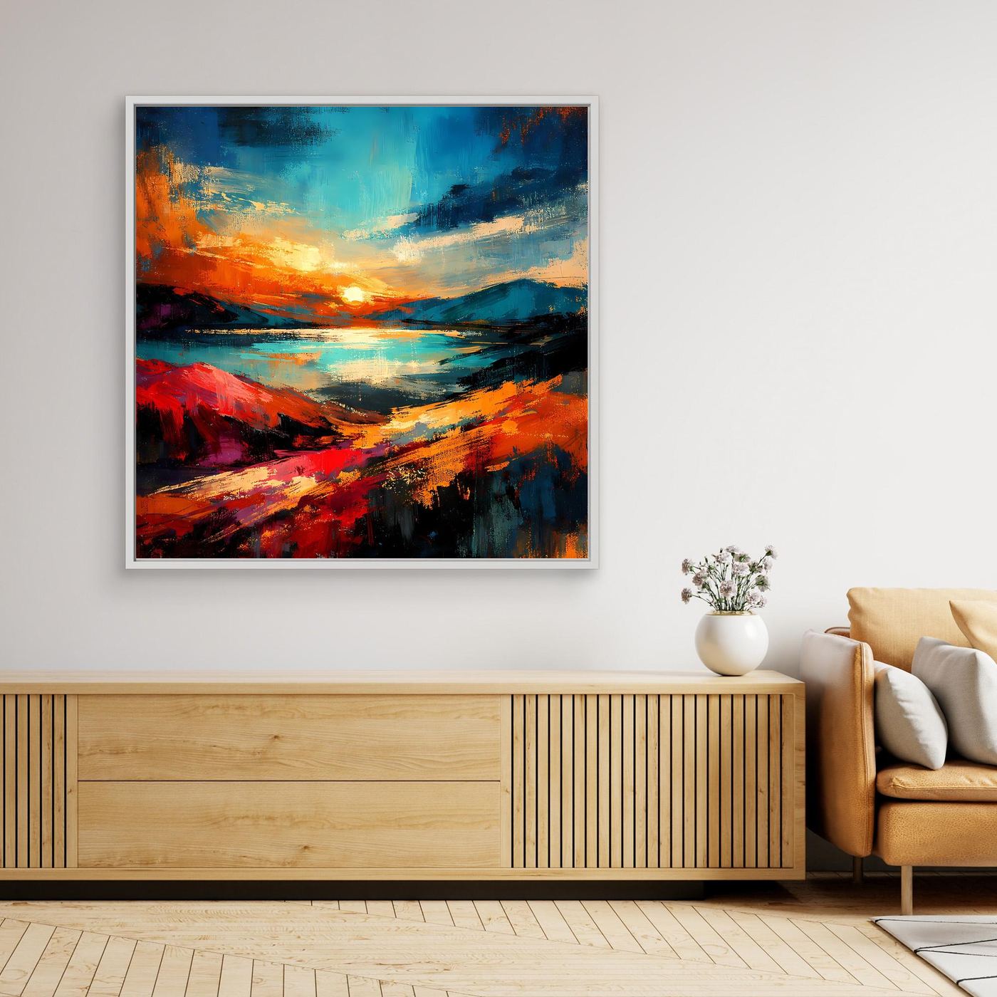 Leinwandbild mit abstrakter Architektur, farbige Landschaft in Blau, Orange und Rot; weißer Rahmen