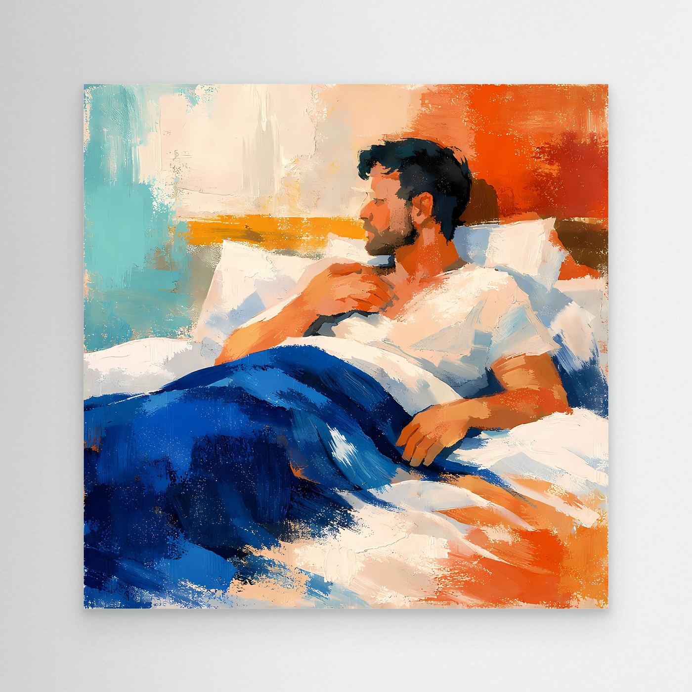 Leinwand-Wandbild mit liegendem Mann in Blau, Orange und Türkis, abstrakte Farbflächen