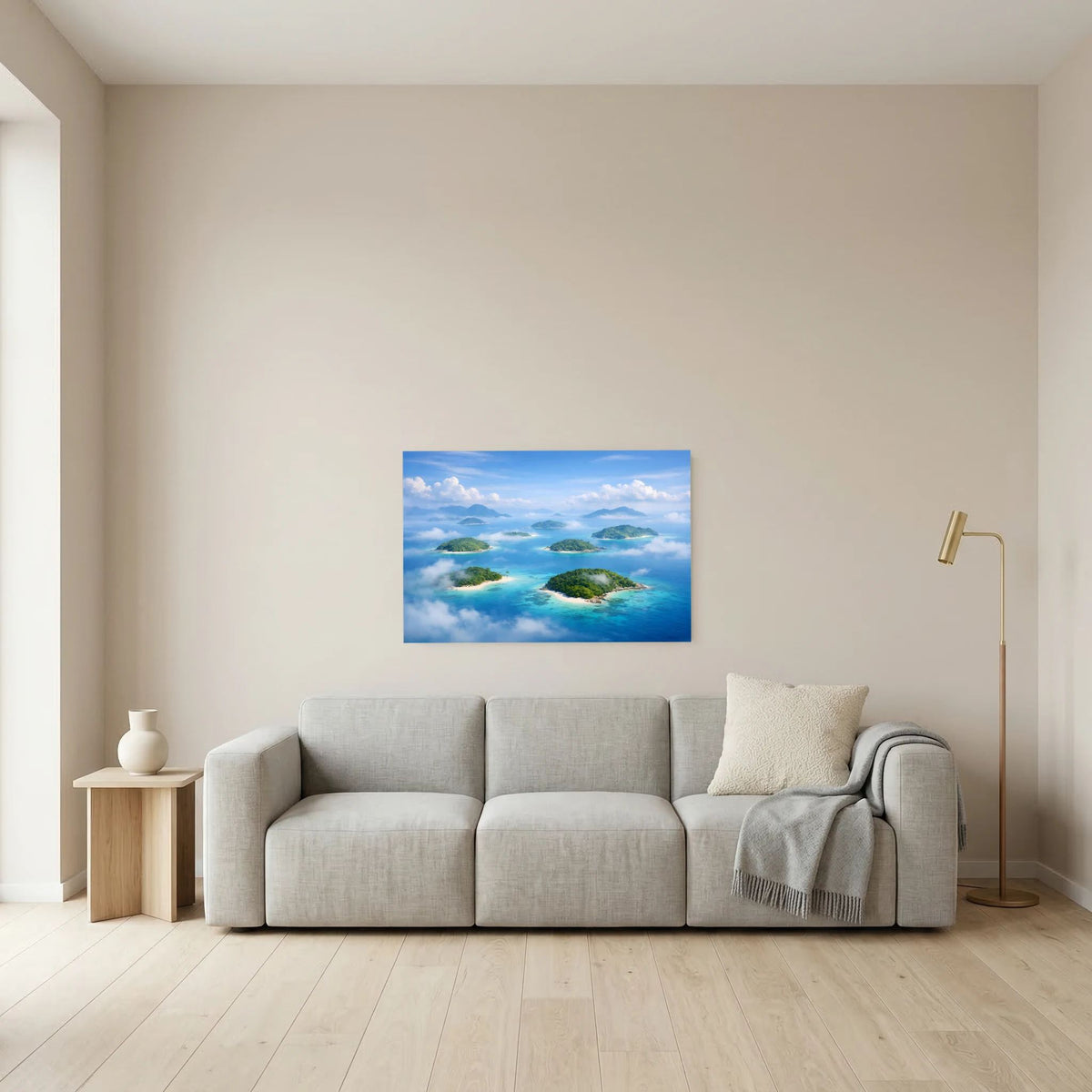 Wandbild mit tropischen Inseln und türkisblauem Meer aus Vogelperspektive
