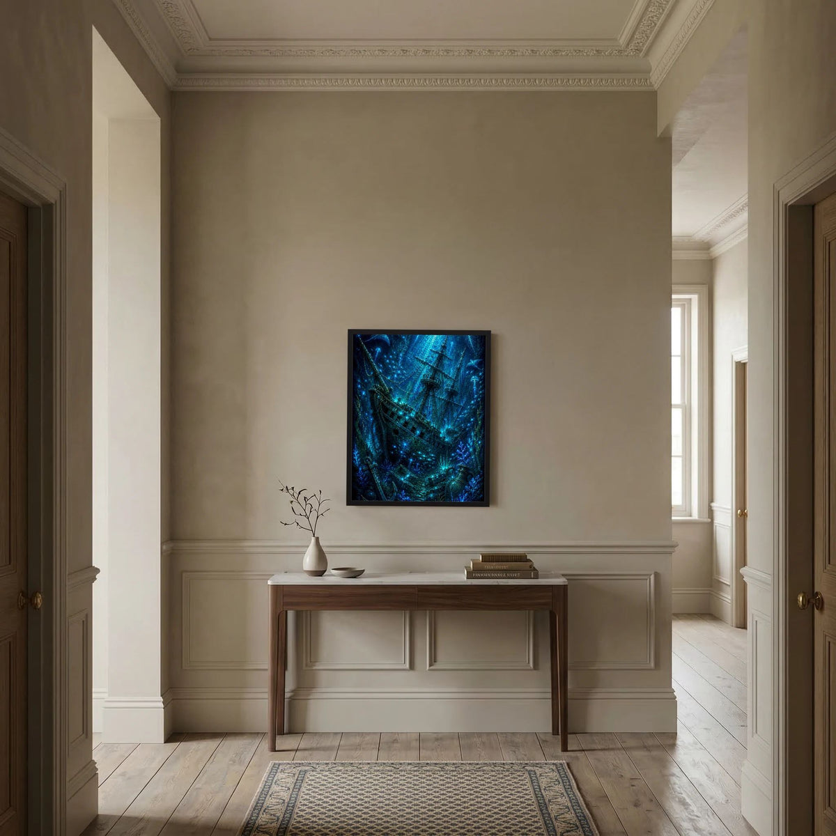 Kunstposter mit blauem Geisterschiff, schwarzer Rahmen