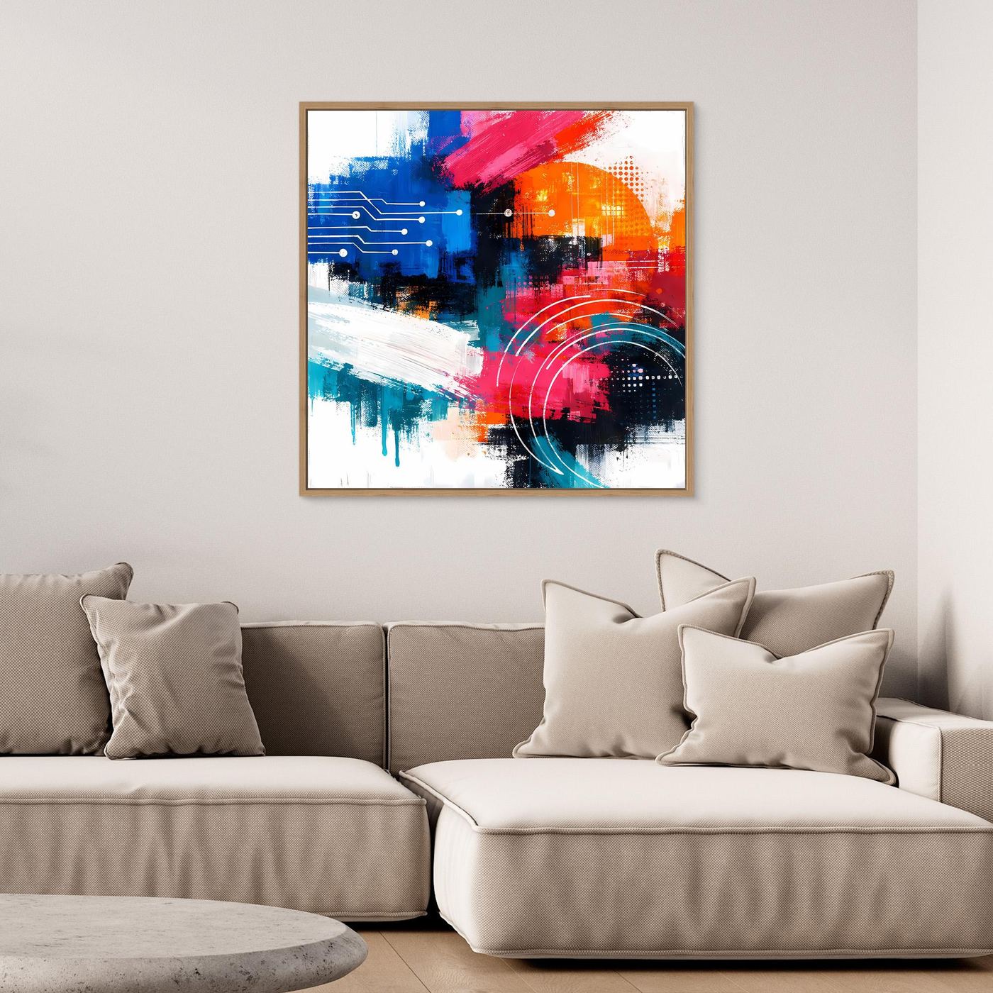 Abstract canvas wall art with blue, red, orange, and black geometric strokes in wood frame