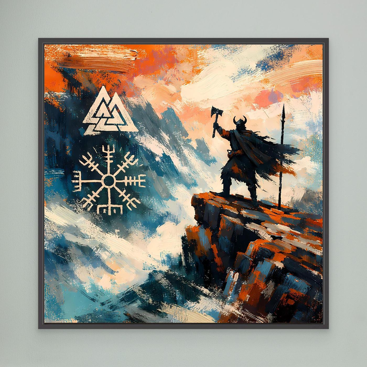 Schwarz gerahmtes abstraktes Leinwand-Wandbild mit Vegvisir-Symbol und Wikingerkrieger