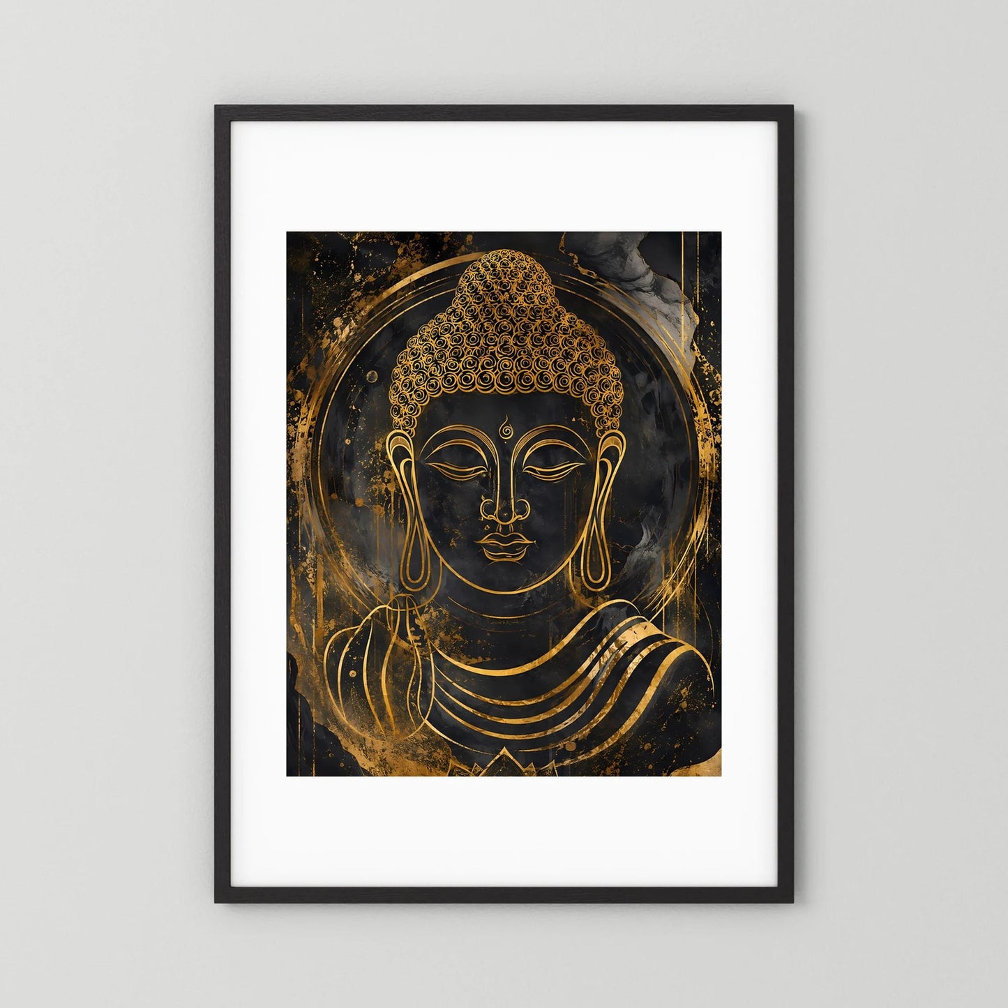 Buddha-Poster Hochformat mit goldener Buddha-Figur im schwarzen Rahmen mit weißem Passepartout