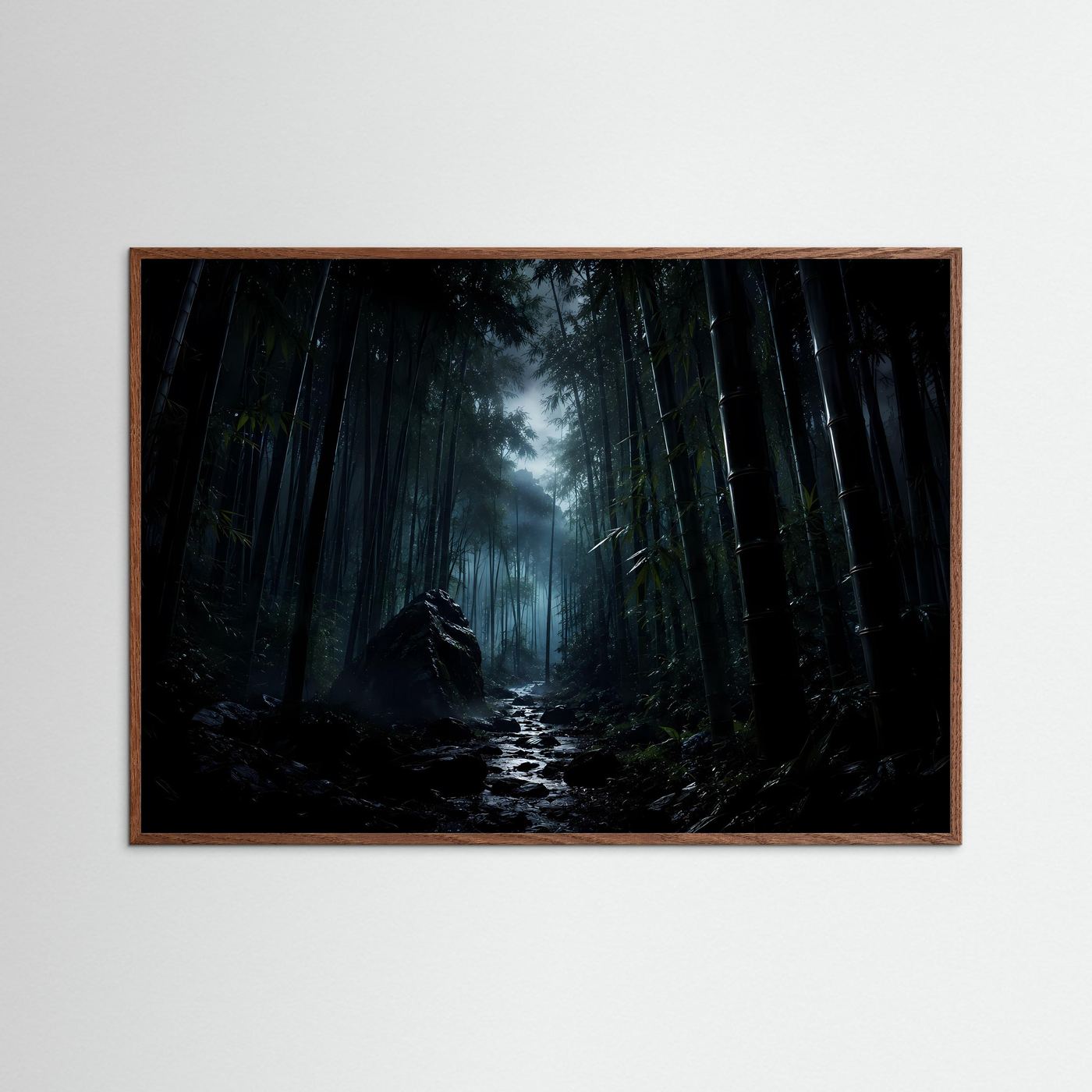 Mystischer Bambuswald bei Nacht Poster | Japanischer Zen Wald Nebel Landschaft Wandbild Querformat