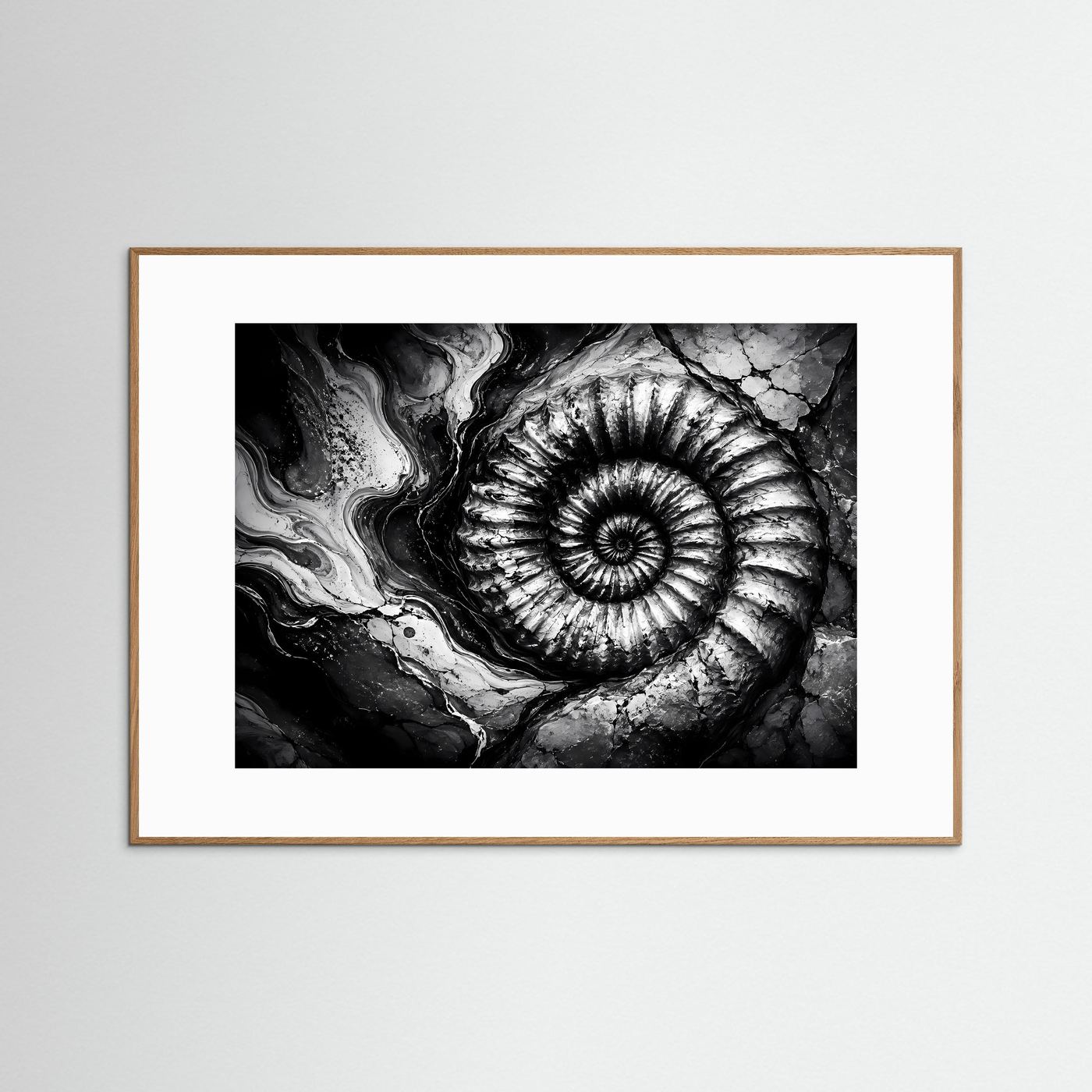Ammonit Fossil Schwarz Weiß Poster | Geologische Wandkunst | Makro Fossilien Kunst | Monochrome Natur Fotokunst | Moderne Leinwand