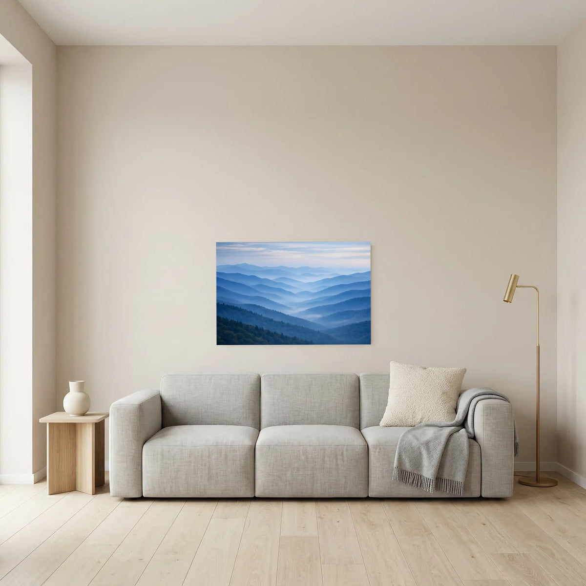 Wandbild im Querformat mit blauem Nebelgebirge