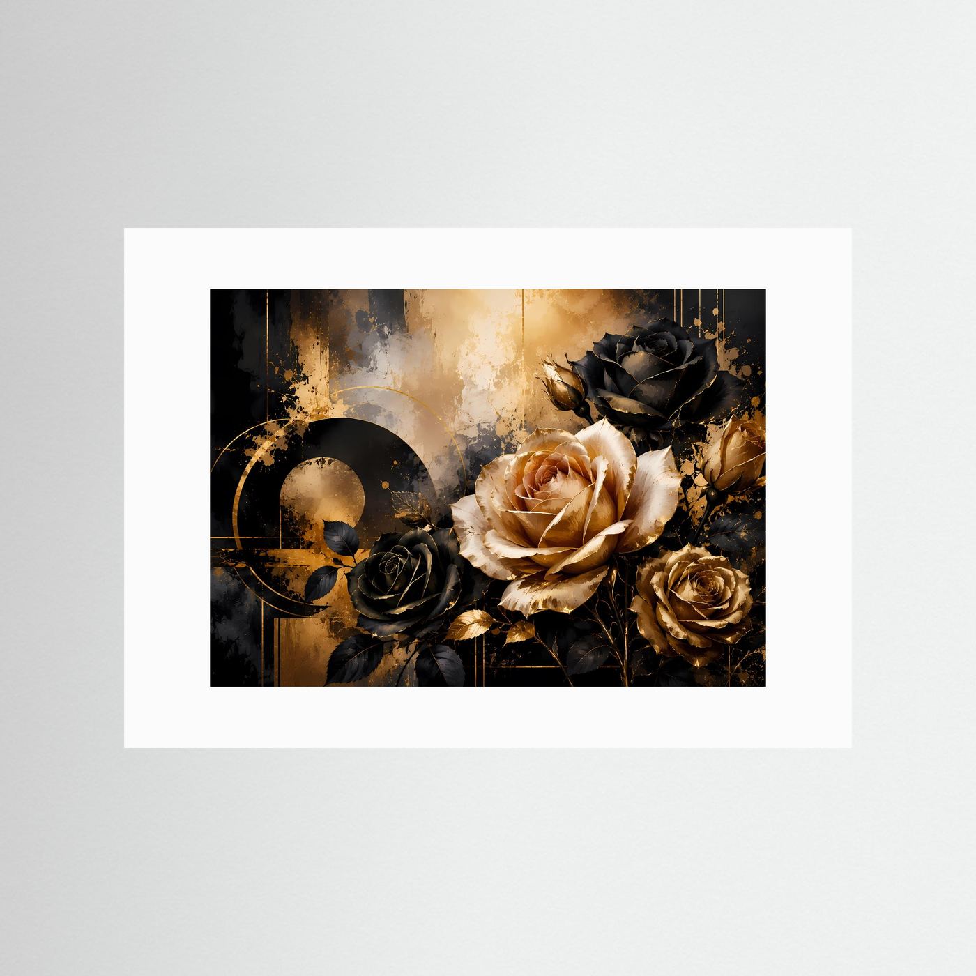 Rosen Poster Querformat | Elegante Blumen in Schwarz, Gold & Creme