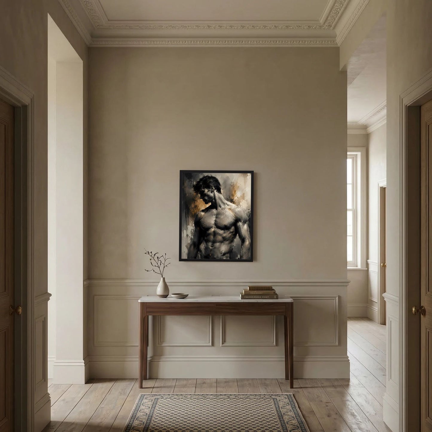 Kunstposter mit abstrakter Aktfigur eines Mannes in Schwarz und Gold, im schwarzen Rahmen