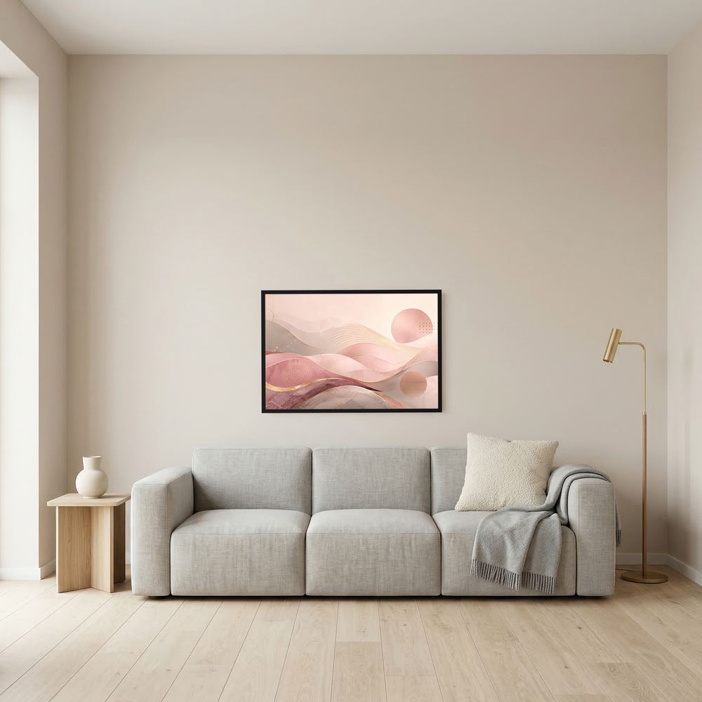 Abstraktes Wellen-Poster mit rosa und goldenen Formen und Kreisen im schwarzen Rahmen