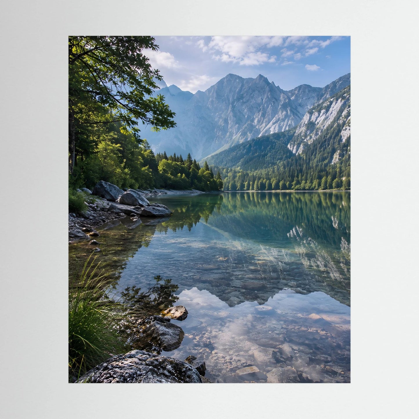 Landschaftsposter Hochformat mit Bergsee, Bergen, Wald und ruhigem Ufer am Wasser
