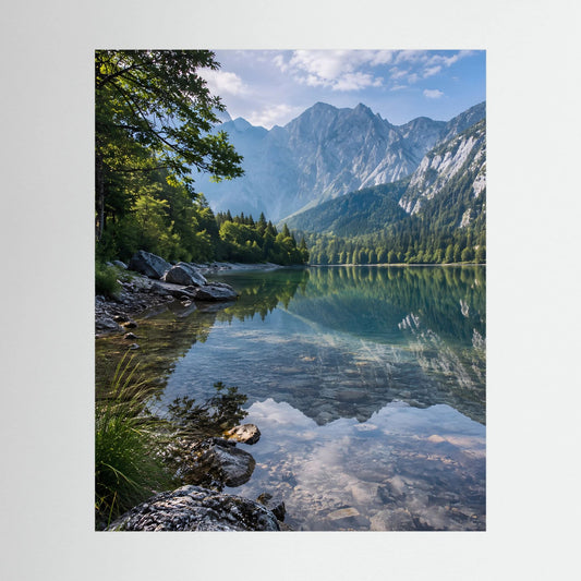 Landschaftsposter Hochformat mit Bergsee, Bergen, Wald und ruhigem Ufer am Wasser