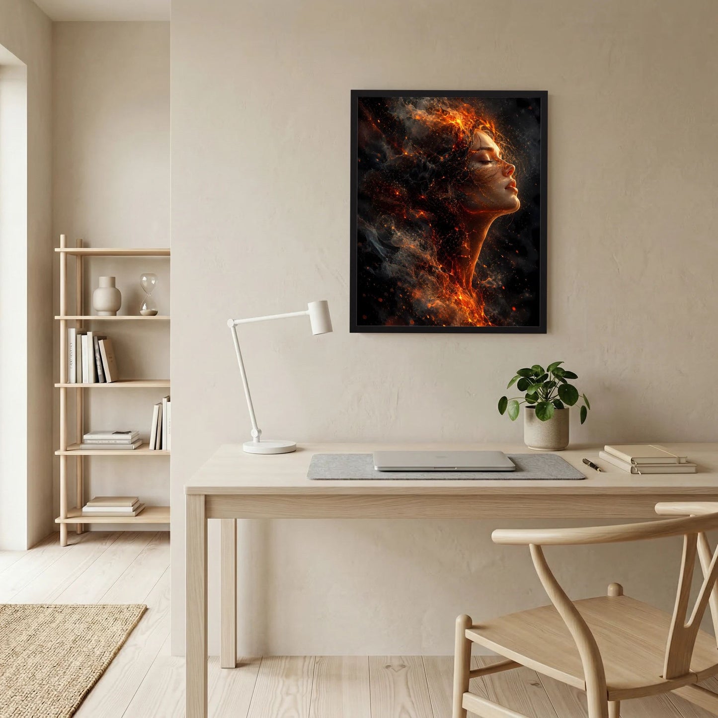 Gerahmtes Hochformat-Poster mit Frauenprofil aus Feuer und Glut, schwarzer Rahmen