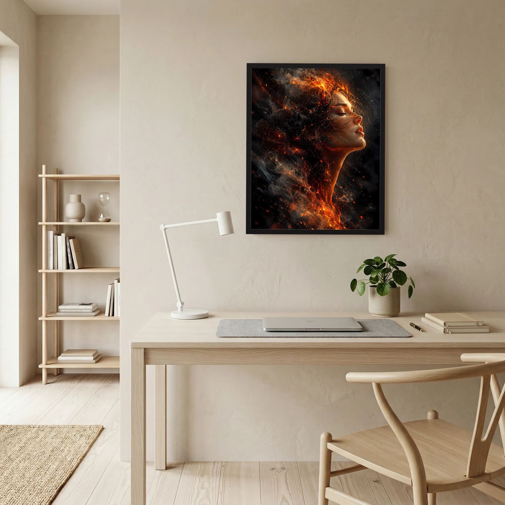 Gerahmtes Hochformat-Poster mit Frauenprofil aus Feuer und Glut, schwarzer Rahmen