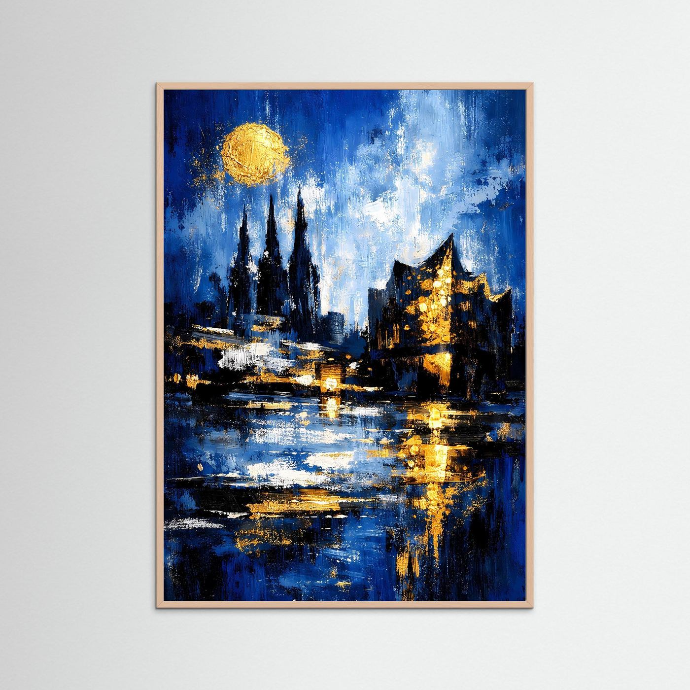 Gerahmtes abstraktes Städteposter mit Hafen-Skyline, goldenen Lichtern und blauem Nachthimmel.