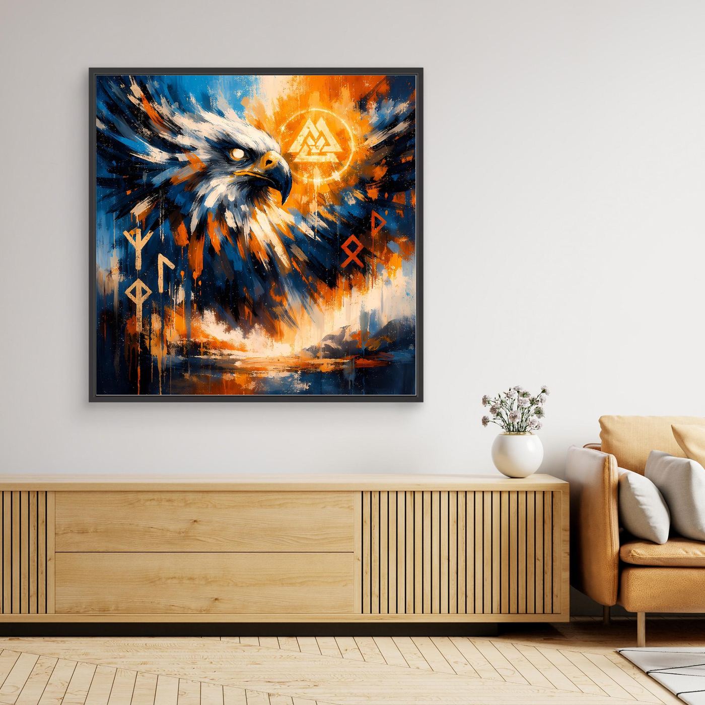 Abstraktes Leinwand-Wandbild mit nordischem Adler, blau-oranges Farbverlauf, dunkler Rahmen