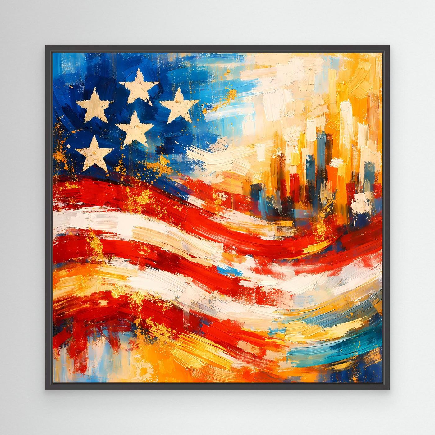 Leinwandbild mit abstrakter US-Flagge, blaue Sterne, rote Streifen und Skyline, schwarzer Rahmen