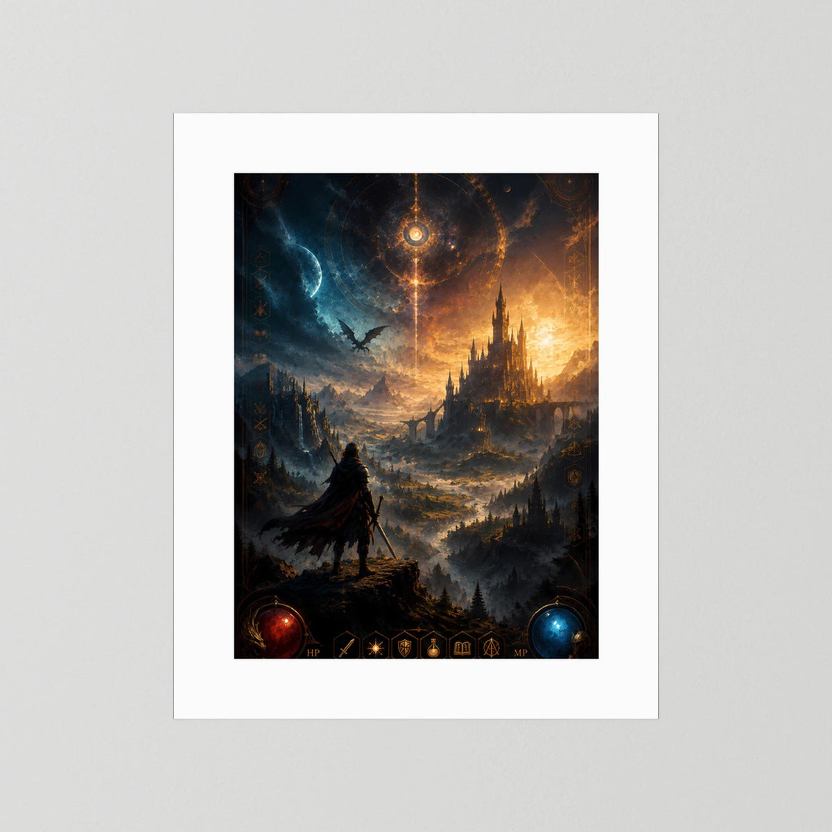 Magisches Burg-Kunstposter im Hochformat mit Krieger und Drachen, weißer Rand