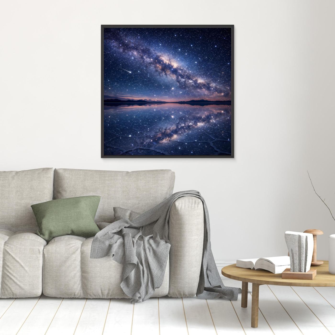 Leinwandbild Milchstraße Spiegelung als Quadrat, Sternenhimmel im schwarzen Rahmen