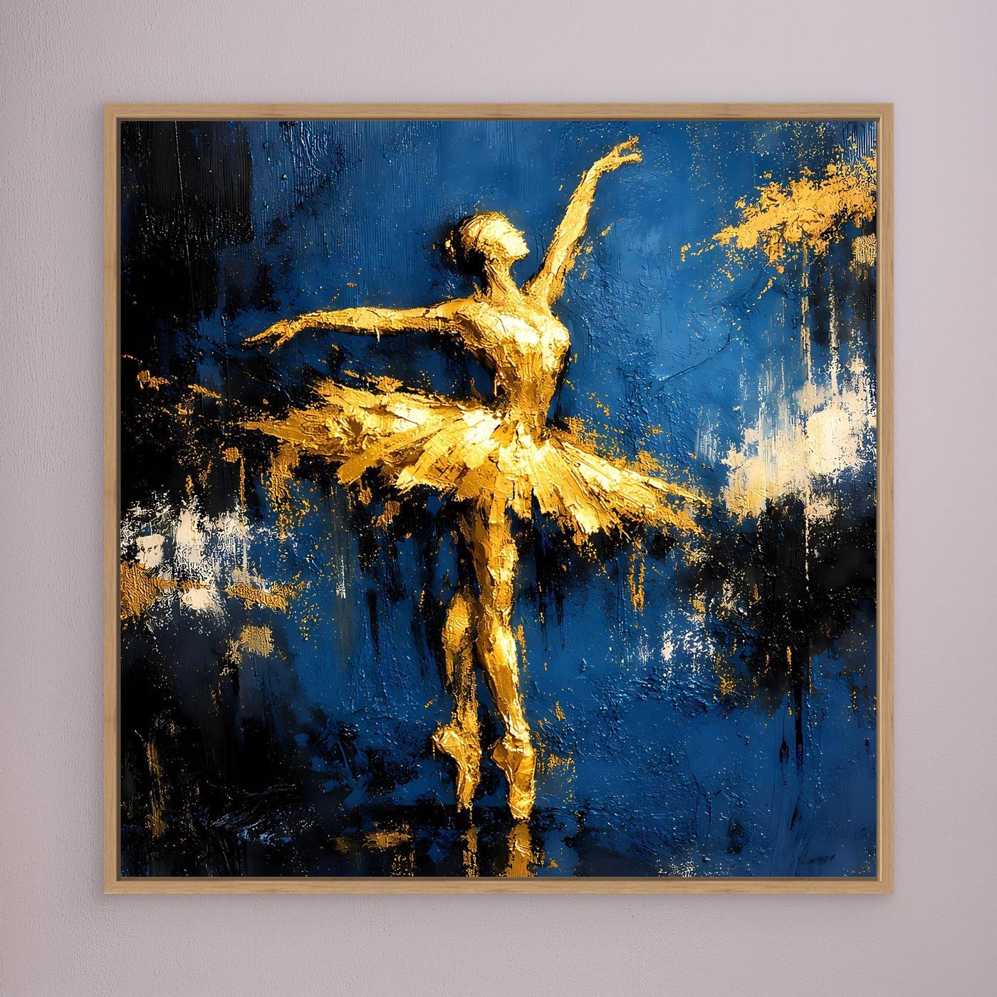 Leinwand Elegante Ballerina in Gold und Blau | Abstraktes Ballett Wandbild