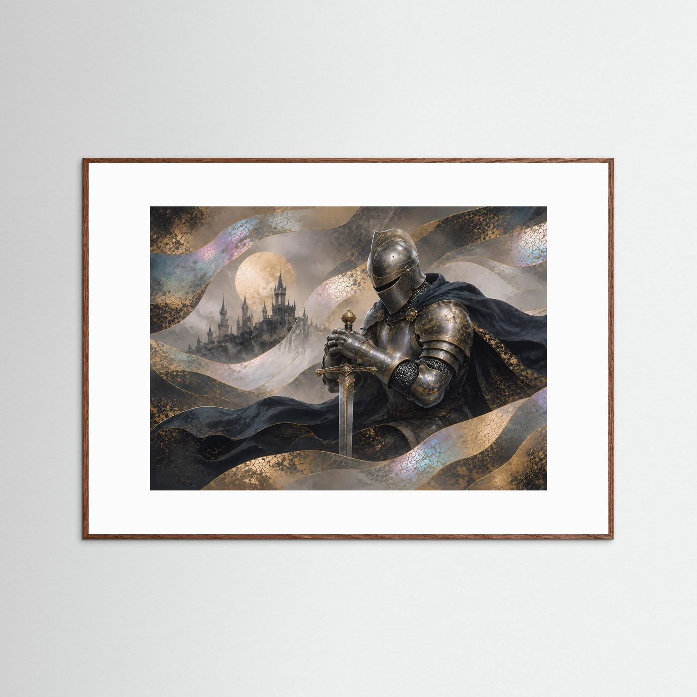 Mystischer Ritter vor Schloss | Mittelalterliche Fantasy-Kunst in Gold & Schwarz