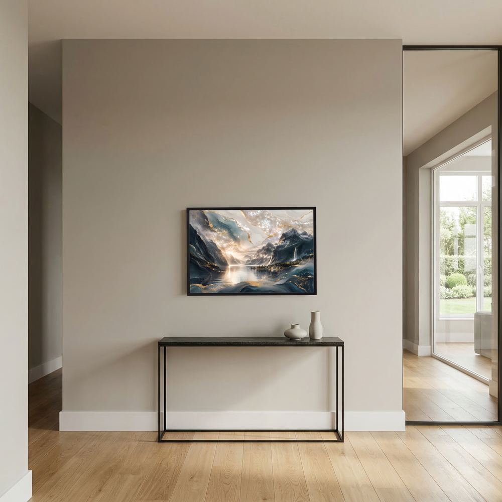 Wandposter mit abstrakter Berglandschaft, Wasser und goldene Lichtspur, schwarzer Rahmen