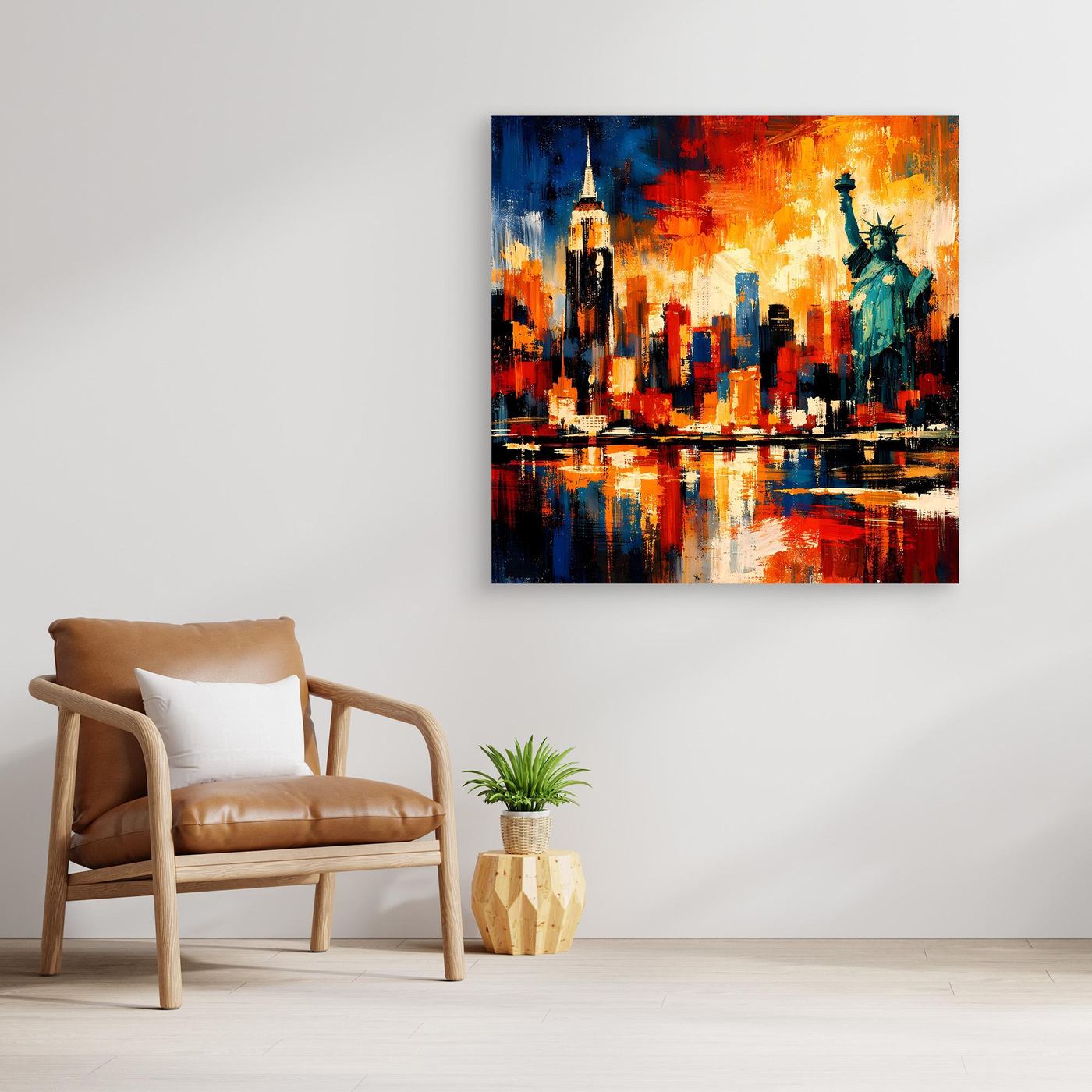 Leinwandbild mit New-York-Skyline und Freiheitsstatue, quadratisch, mit Holzrahmen