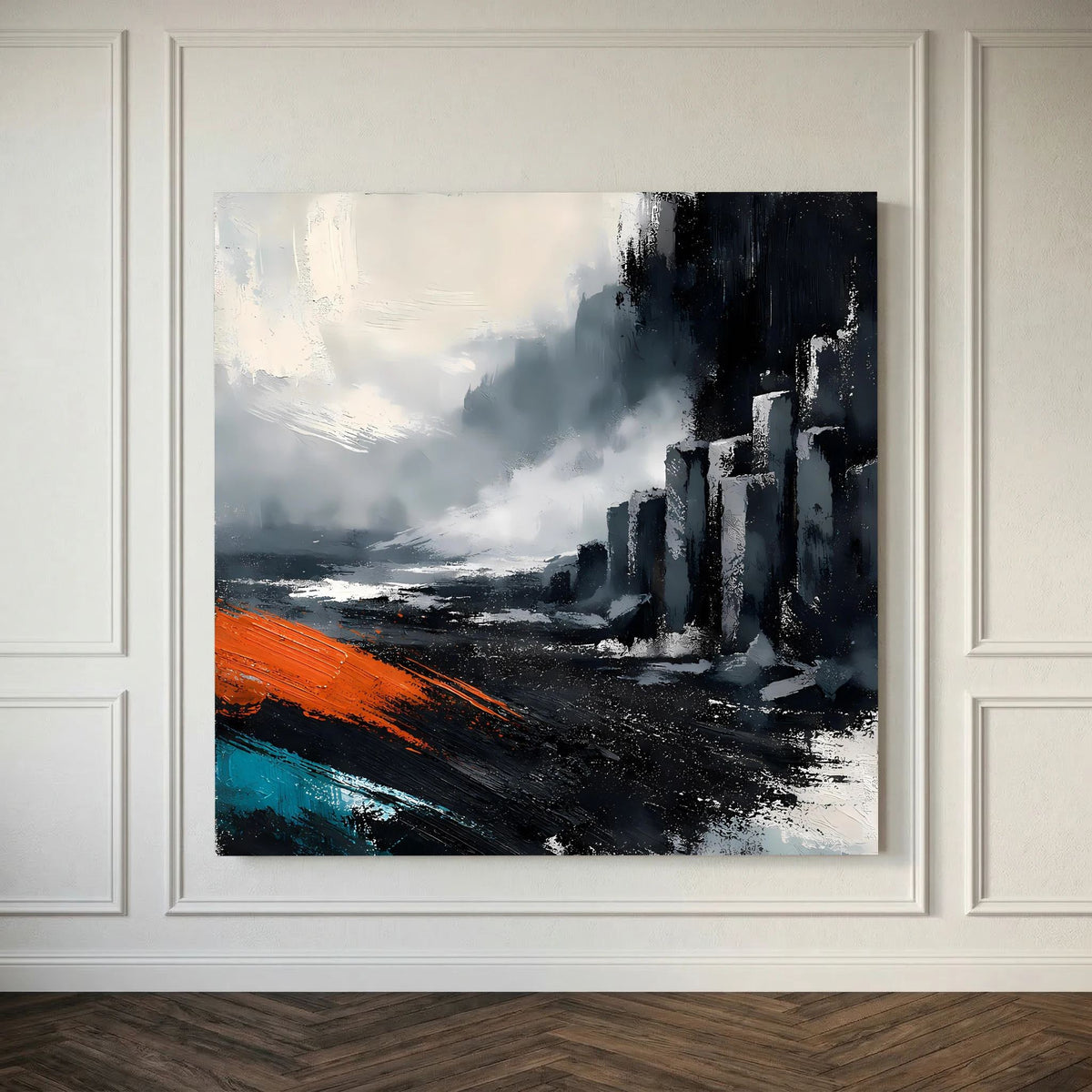 Leinwand Abstraktes Basaltsäulen Gemälde | Modernes Isländisches Vulkan Wandbild Schwarz Orange