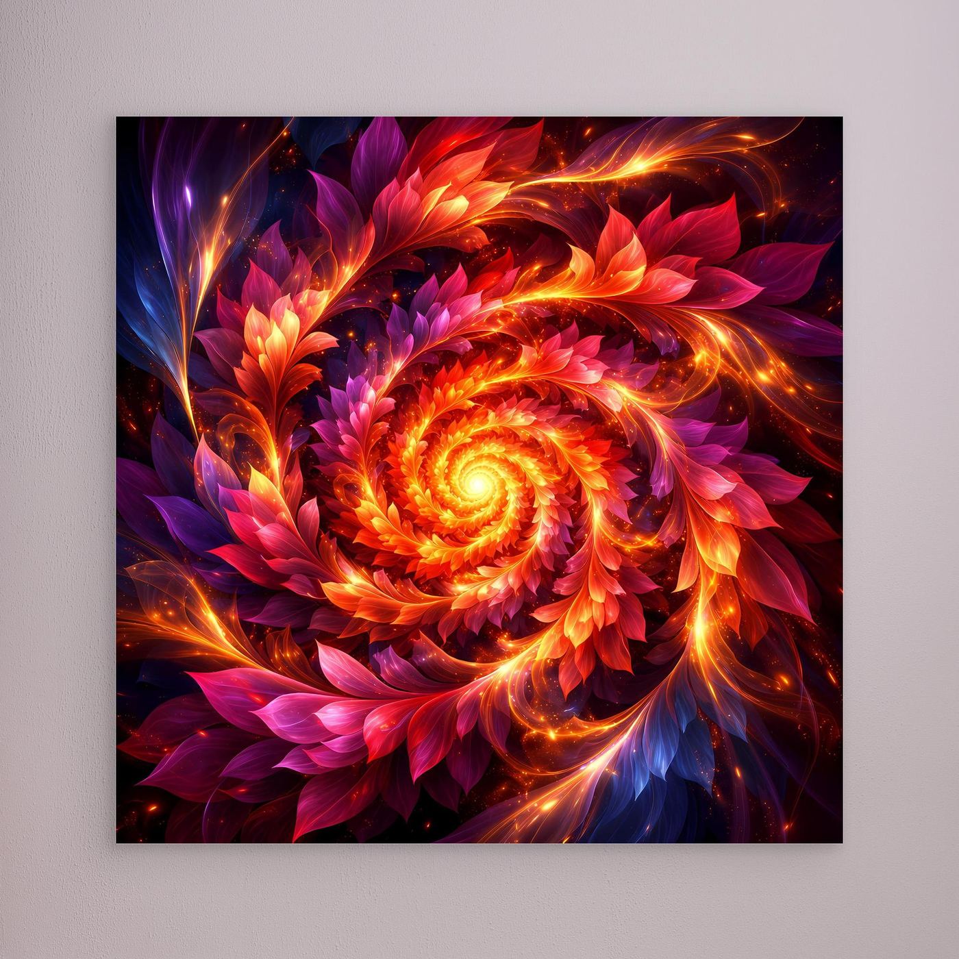 Leinwandbild mit feuriger Spirale in Orange, Rot, Lila, ohne sichtbaren Rahmen