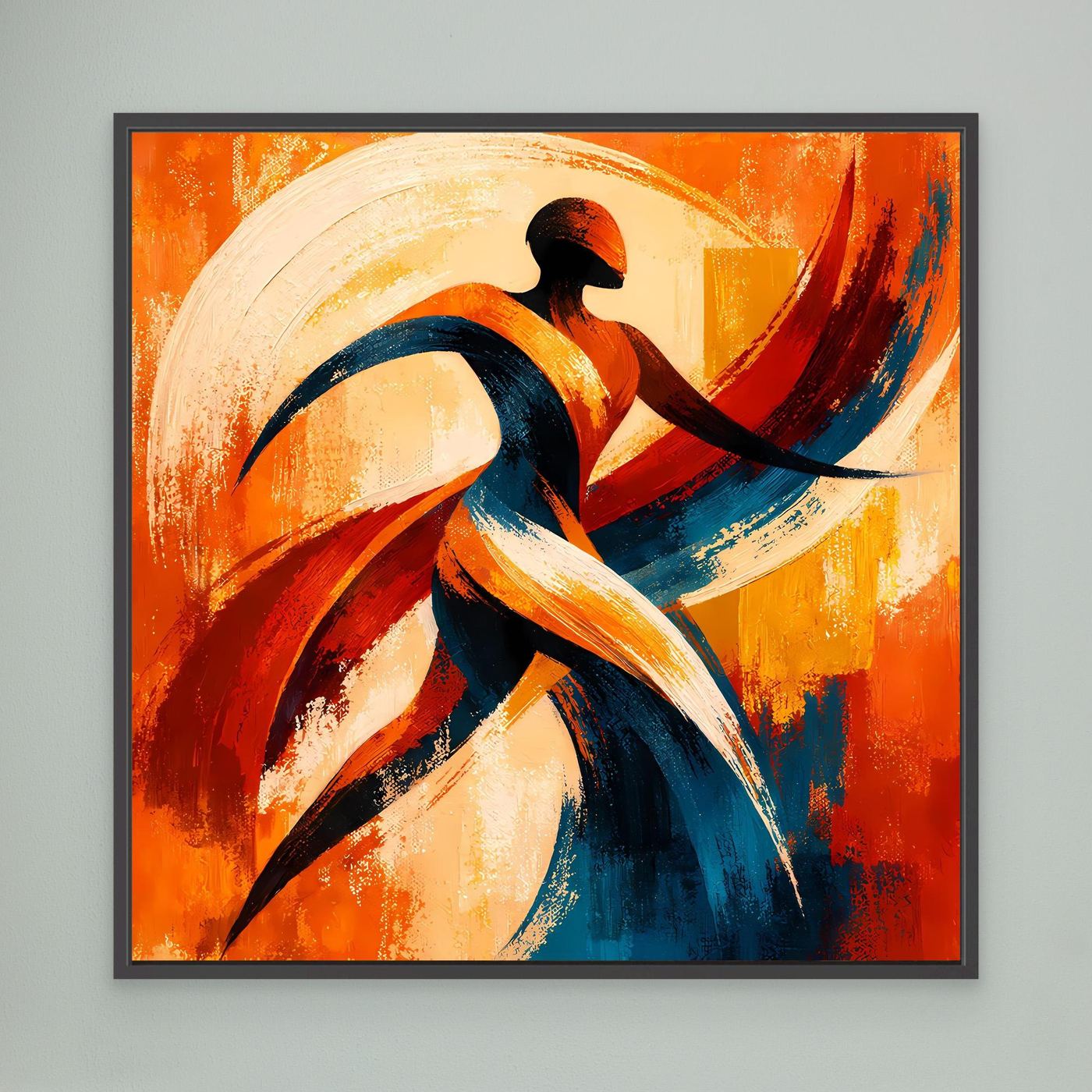 Leinwandbild mit abstrakter Tänzer-Silhouette in Rot-, Blau- und Orangetönen, schwarz gerahmt