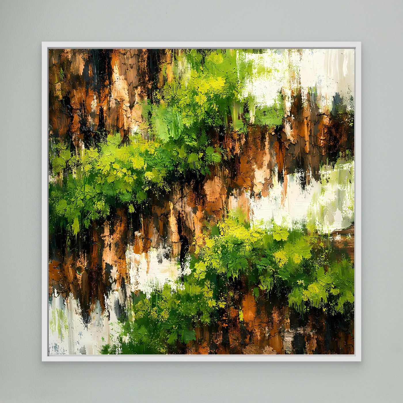 Quadratisches Leinwand-Wandbild mit abstrakter bewachsener Felswand, weiß gerahmt