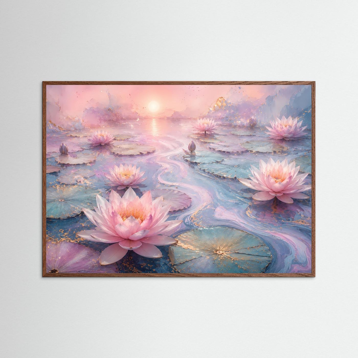 Lotusblüten Poster Querformat | Rosa Seerosen auf Wasser | Elegante Zen Wandkunst in Pastell