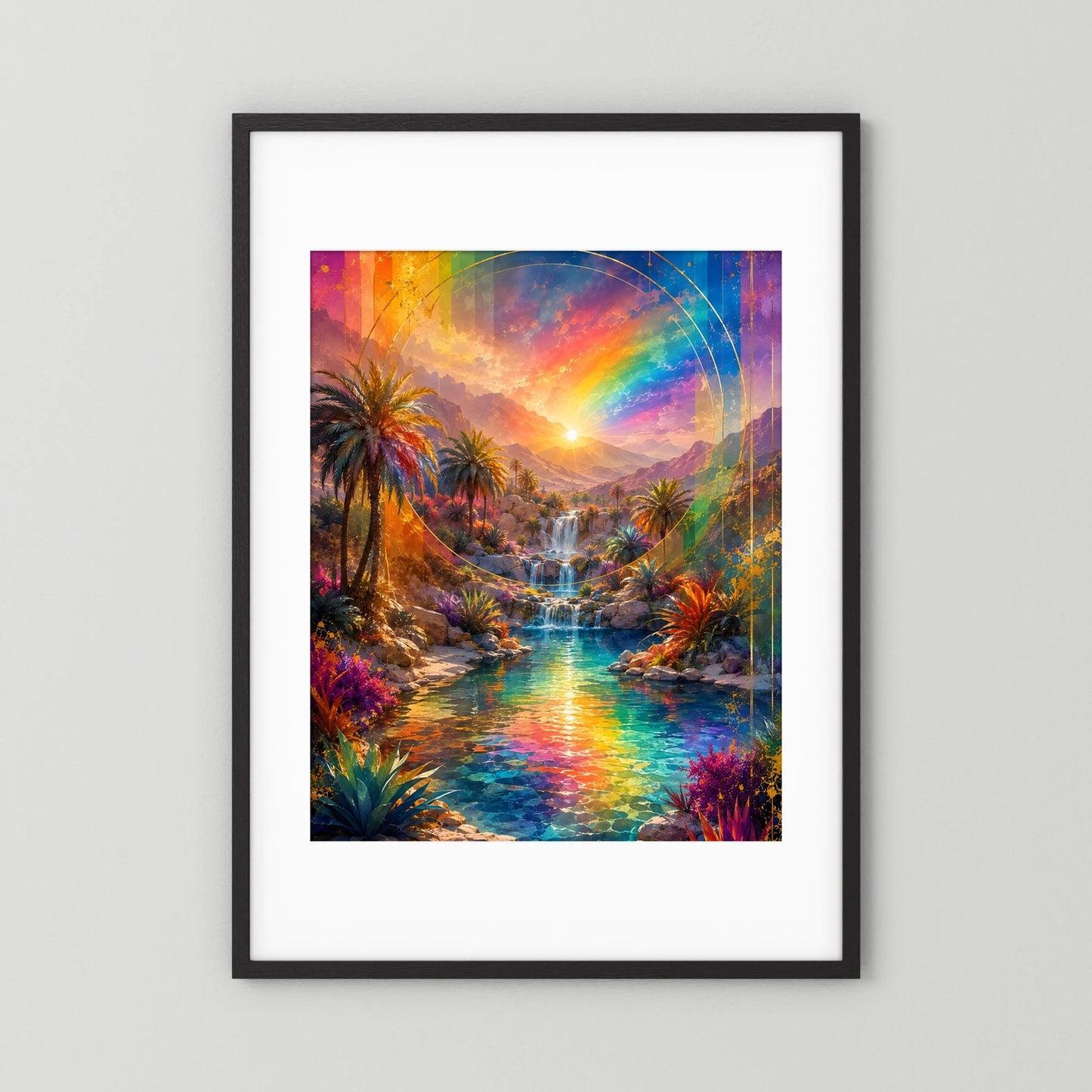 Hochformat-Poster mit Regenbogen, Palmen und Wasserfall, schwarzer Rahmen mit weißem Rand