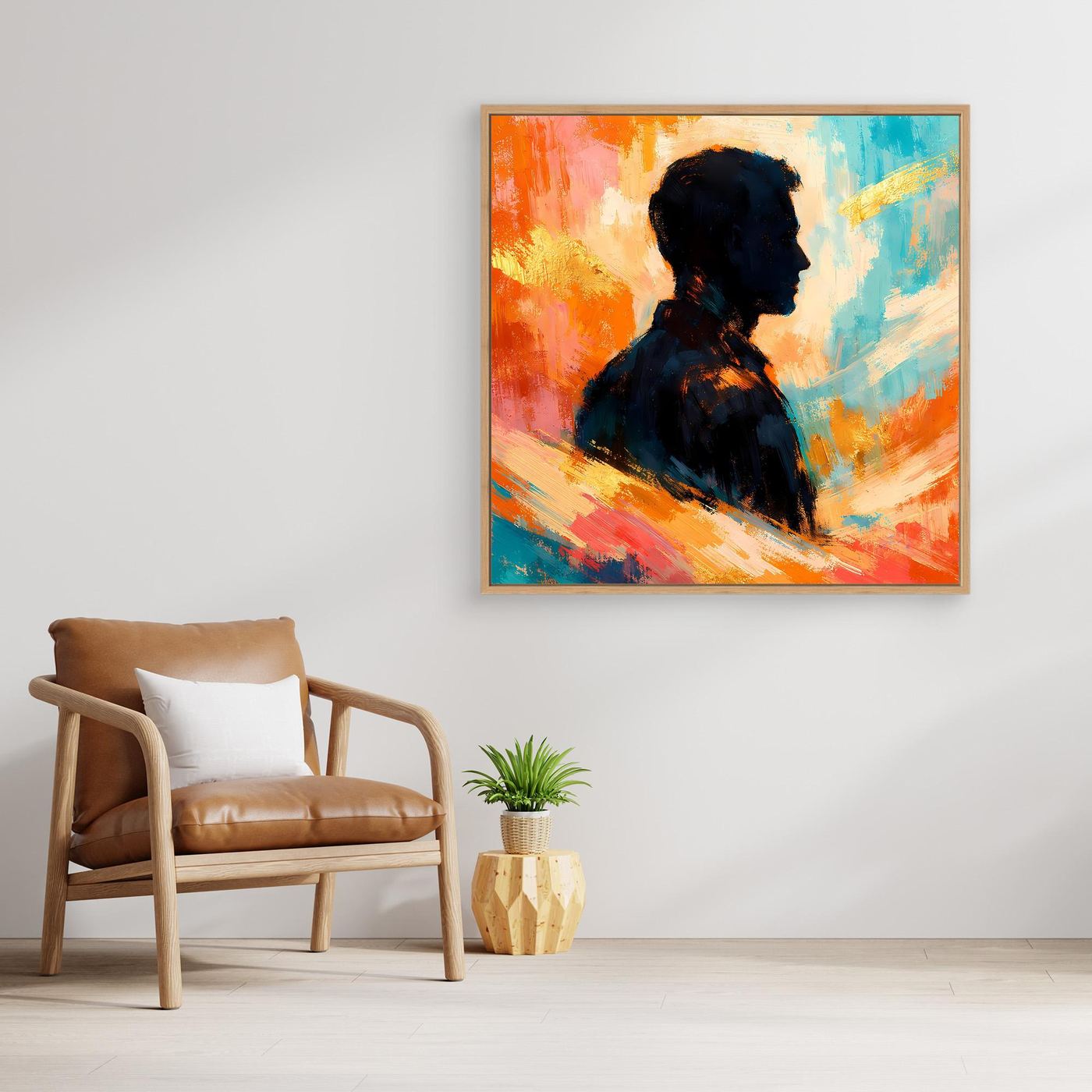 Eichfarben gerahmtes Leinwandbild mit abstrakter Silhouette eines Mannes, buntes Farbspiel.