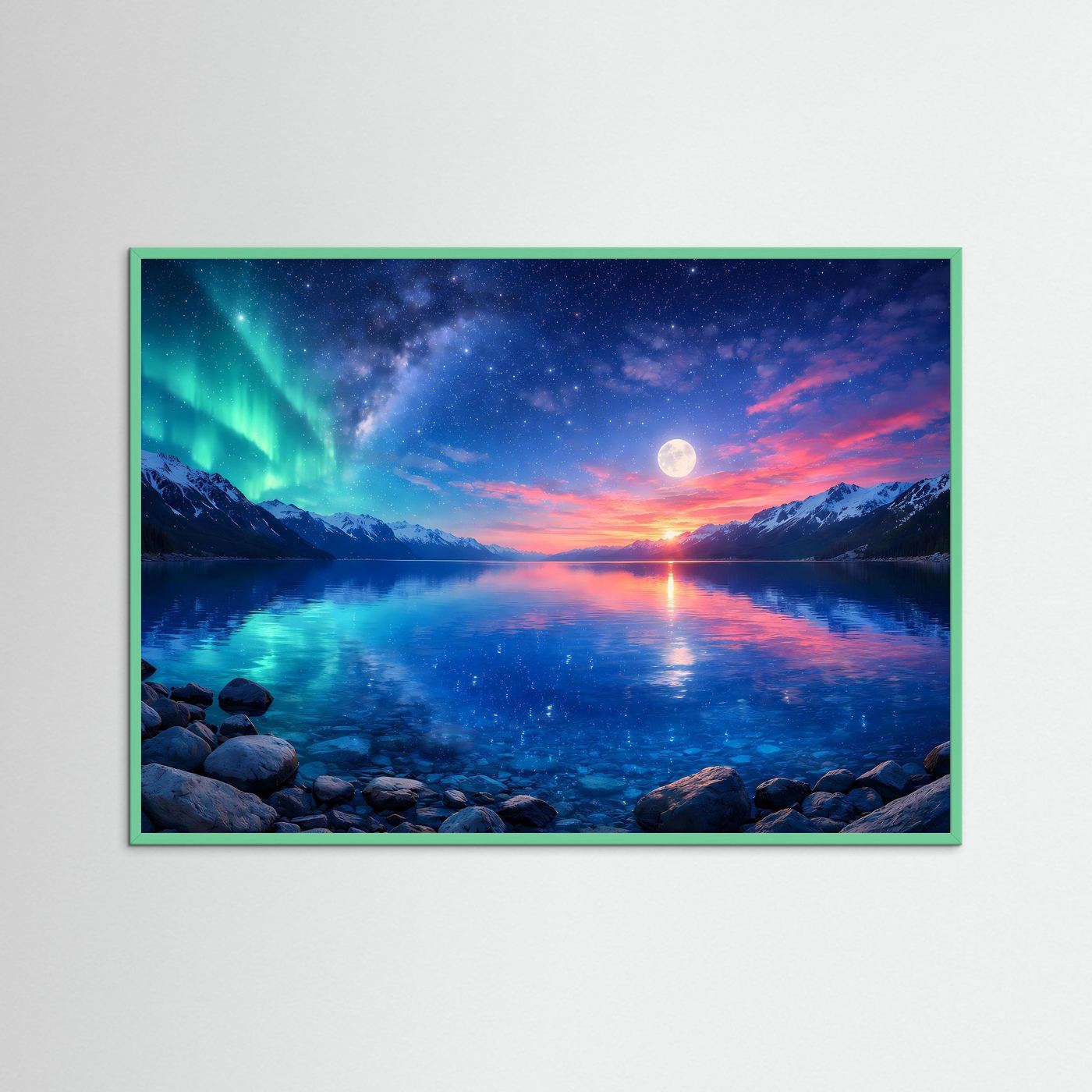 Wandbild mit grünem Rahmen: Polarlicht über Mond und See bei Nacht mit Felsstrand.