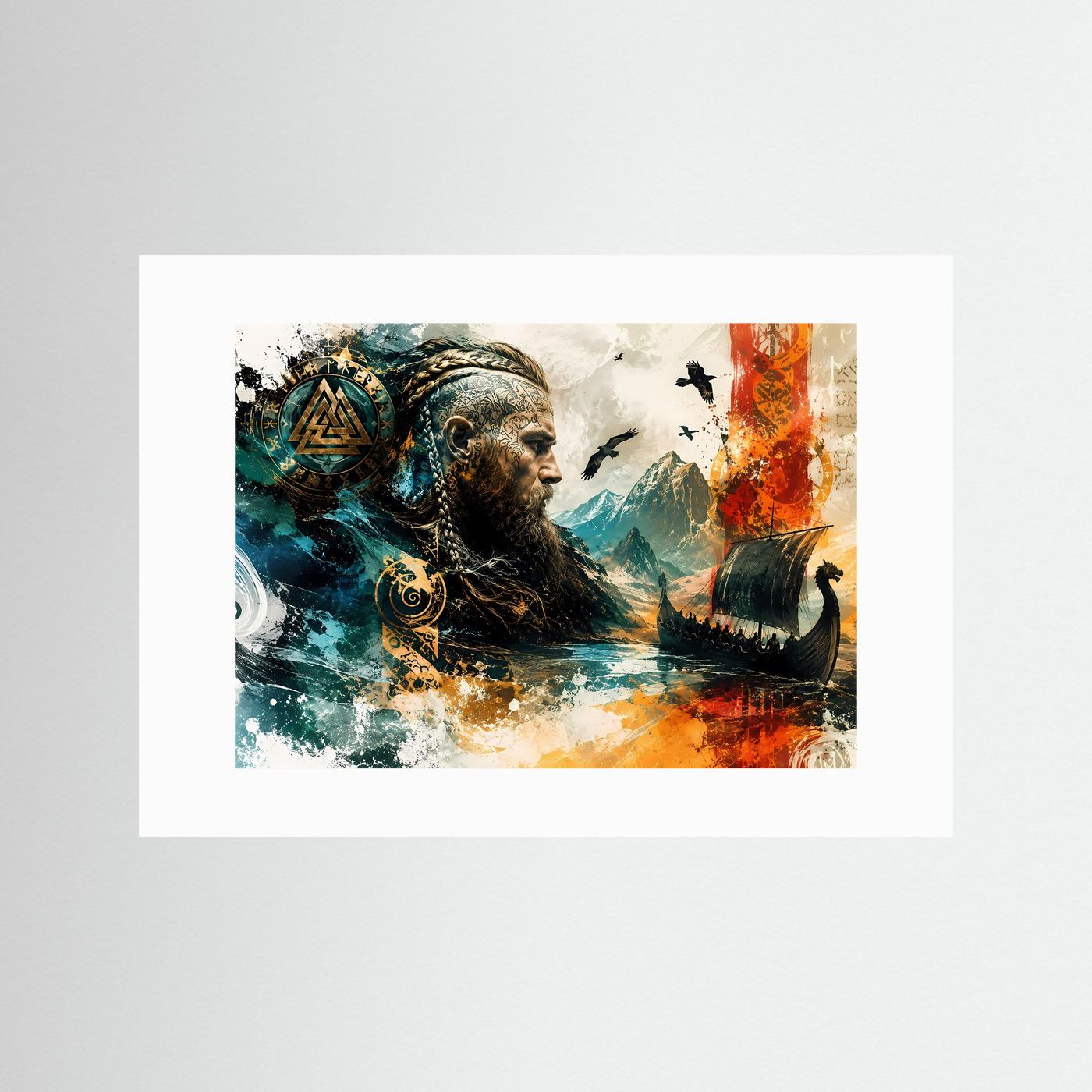 Wikinger Poster | Nordische Mythologie Wandbild | Viking Schiff & Runen | Abstrakte Fantasy Kunst | Leinwand Modern