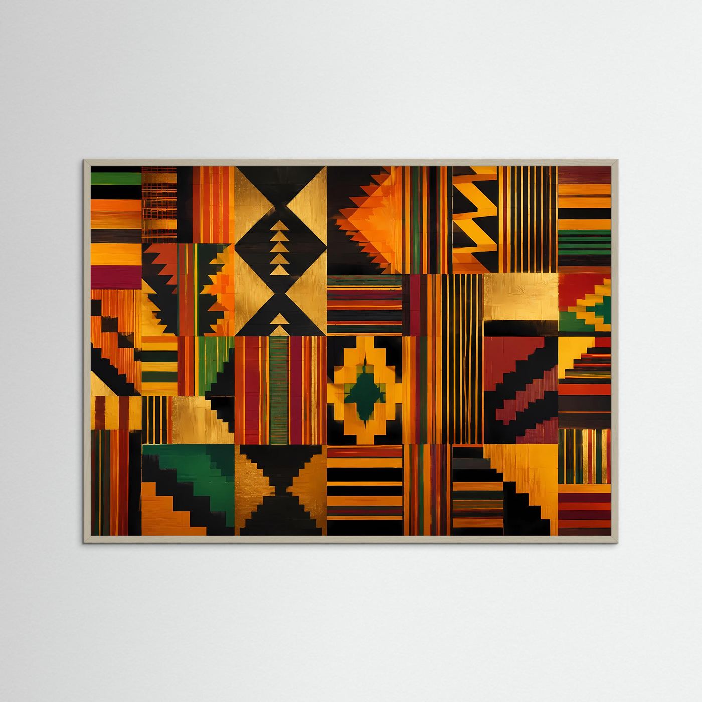 Geometrisches Kente-Muster in Gold & Farben | Modernes Wandbild mit Ethno-Art & Mustern
