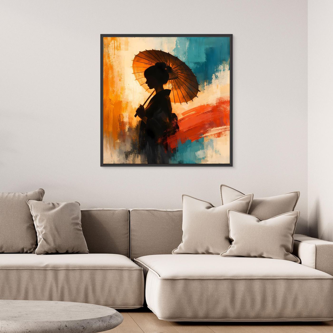 Leinwand Elegante Frau mit Sonnenschirm | Ästhetisches Japanisches Wandbild auf Keilrahmen