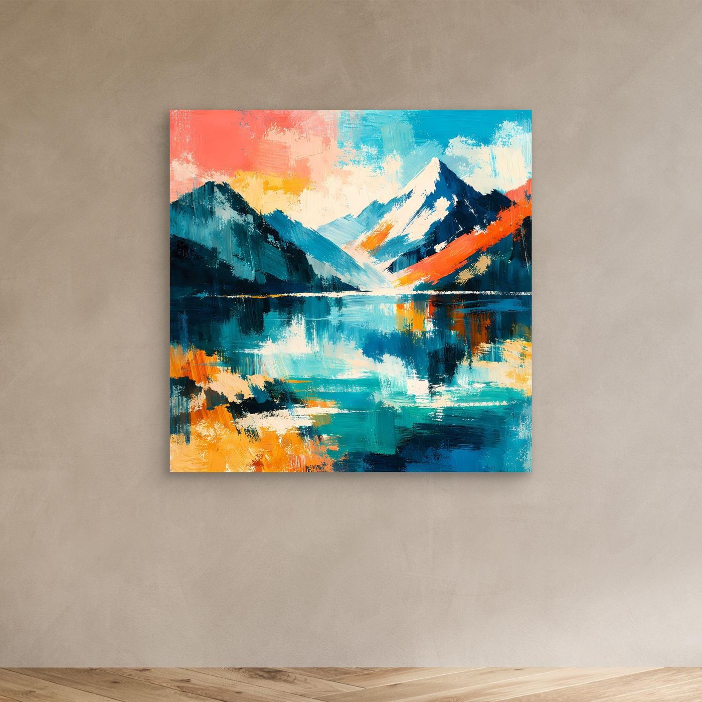 Leinwand-Wandbild abstrakte Bergwelt am See, bunte Farben in Blau und Orange