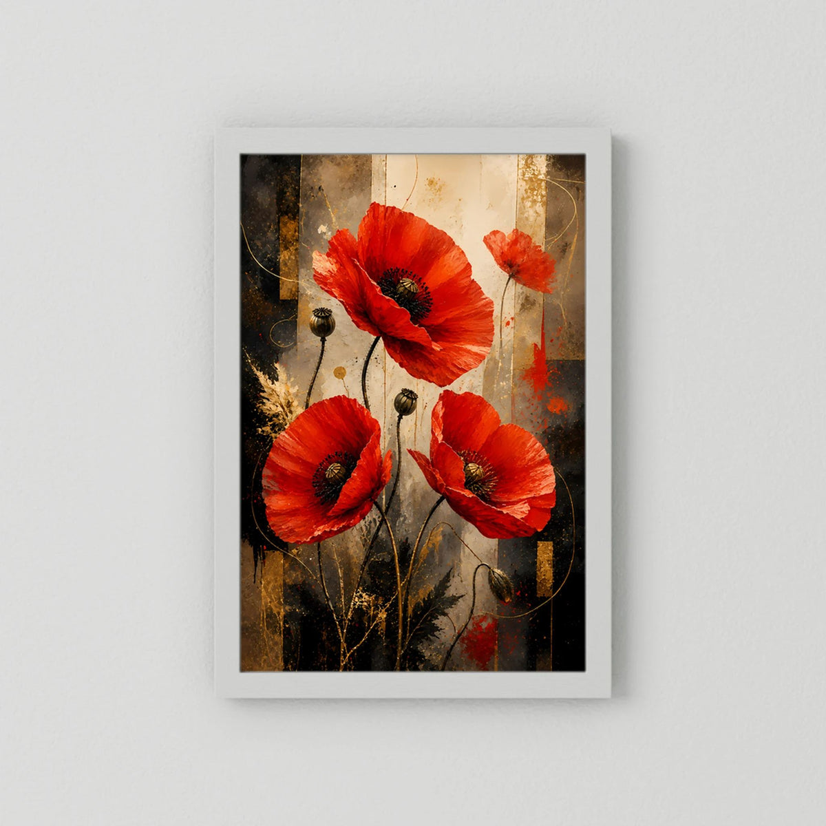 Roter Mohn in Gold & Schwarz | Elegante florale Kunst | Poster Hochformat