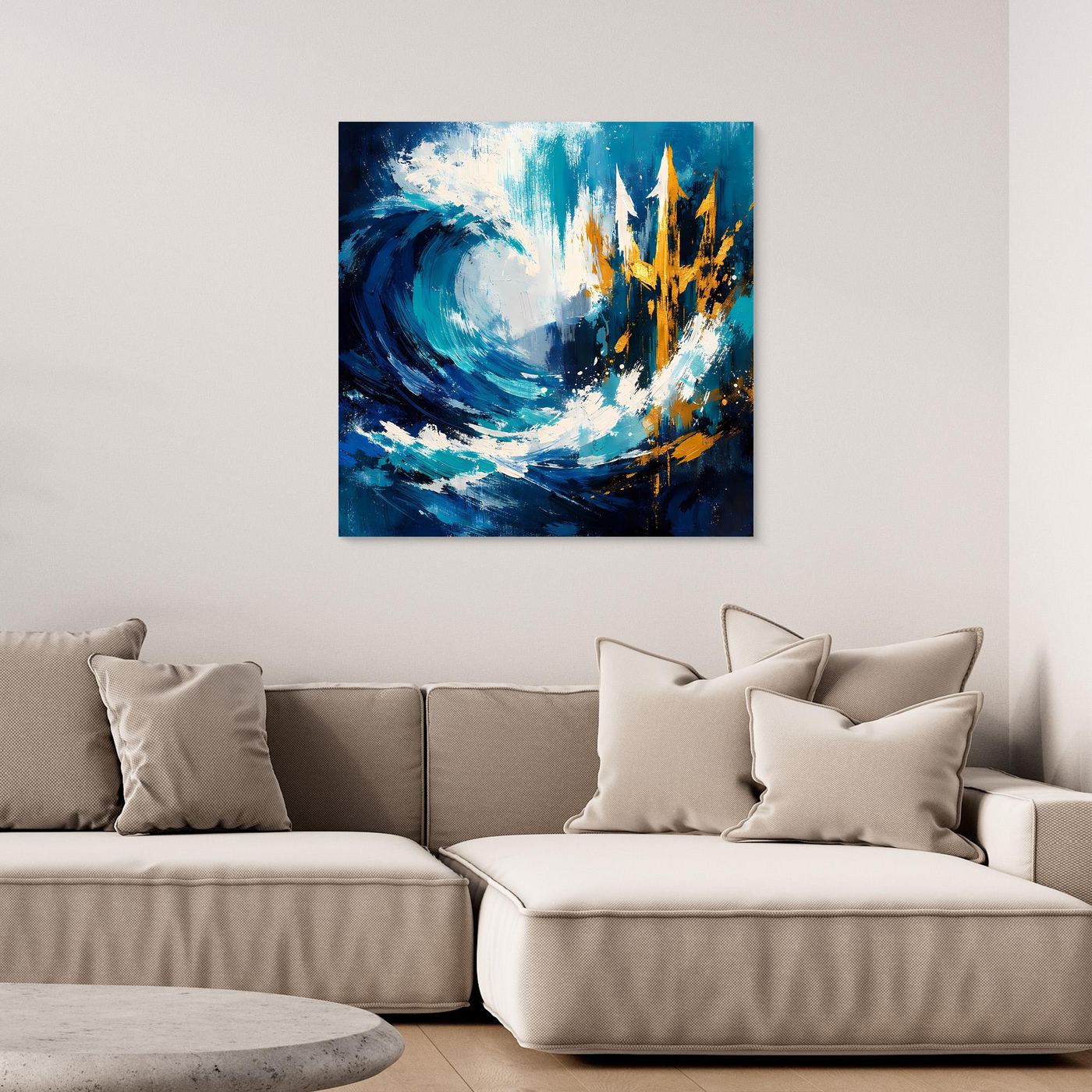 Square nautical wall art with blue waves and a golden trident, unframed
