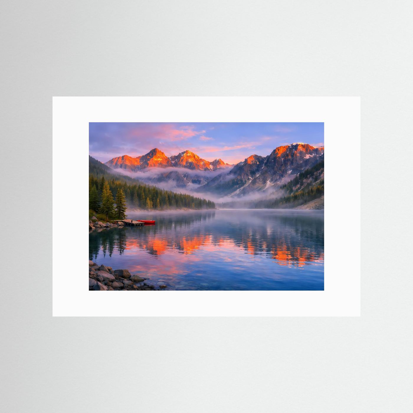 Wandbild: Bergsee-Landschaft bei Sonnenaufgang, ohne Außenrahmen
