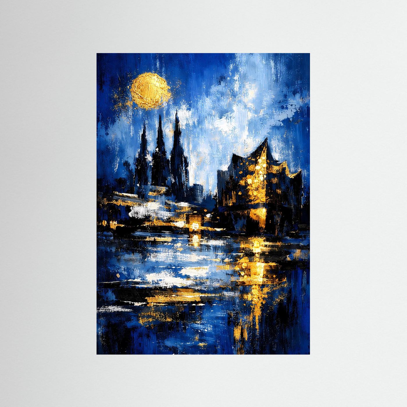 Abstraktes Städteposter mit Hafen-Skyline, gelben Lichtern und blauem Nachthimmel.