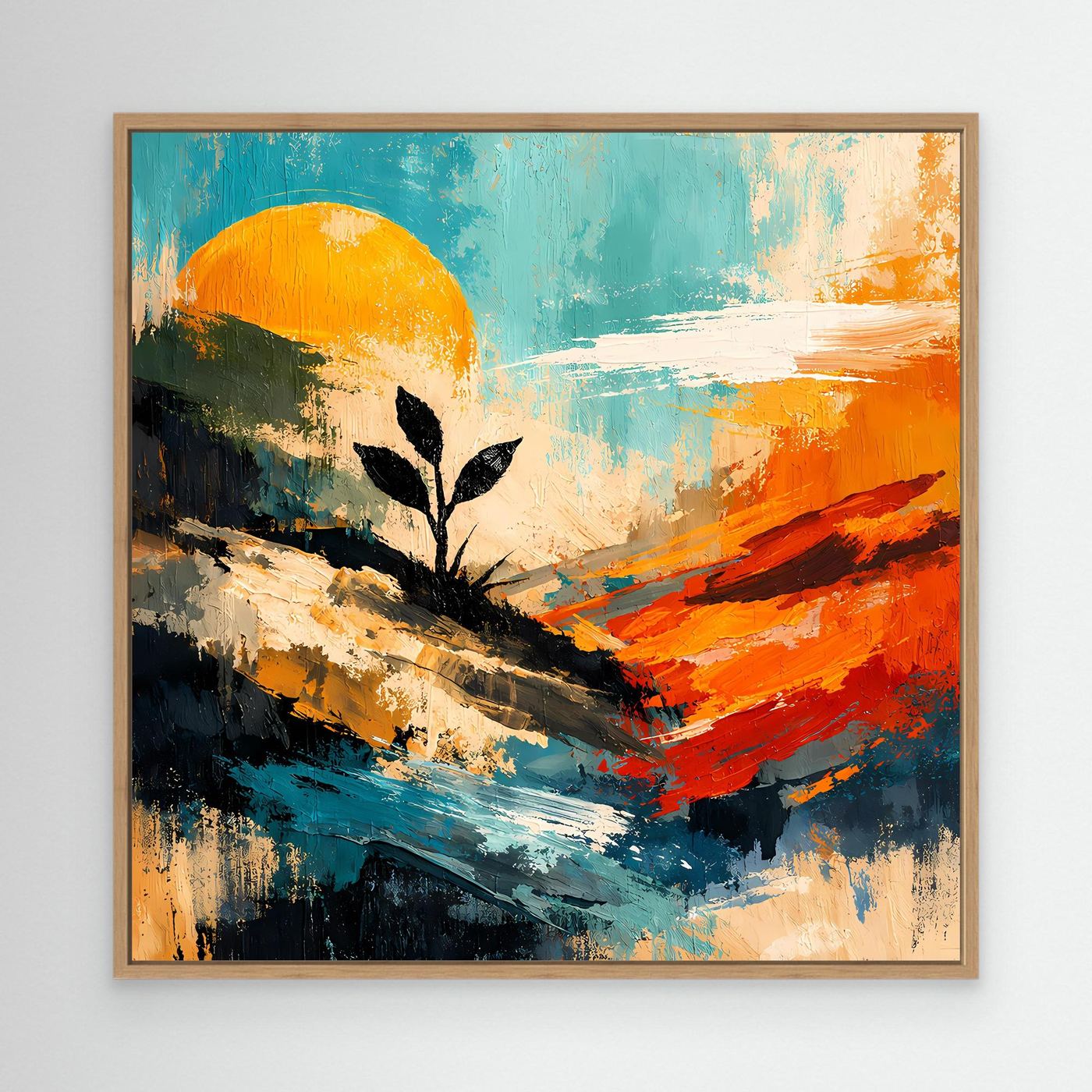 Abstraktes Wandbild mit hellem Holzrahmen: Sonne, Baum-Silhouette und Farbflächen