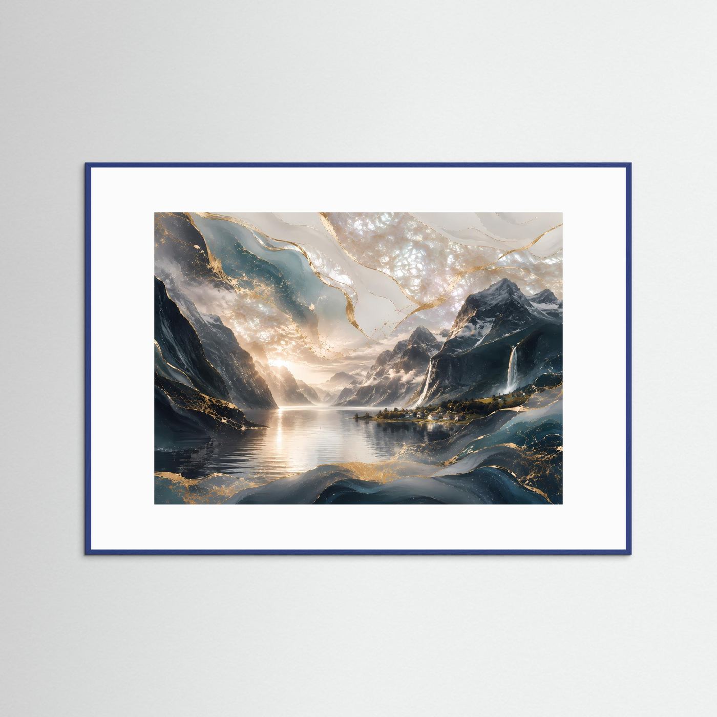Gerahmtes Poster mit abstrakter Berglandschaft, Wasser und Lichtreflexen in Blau, Gold