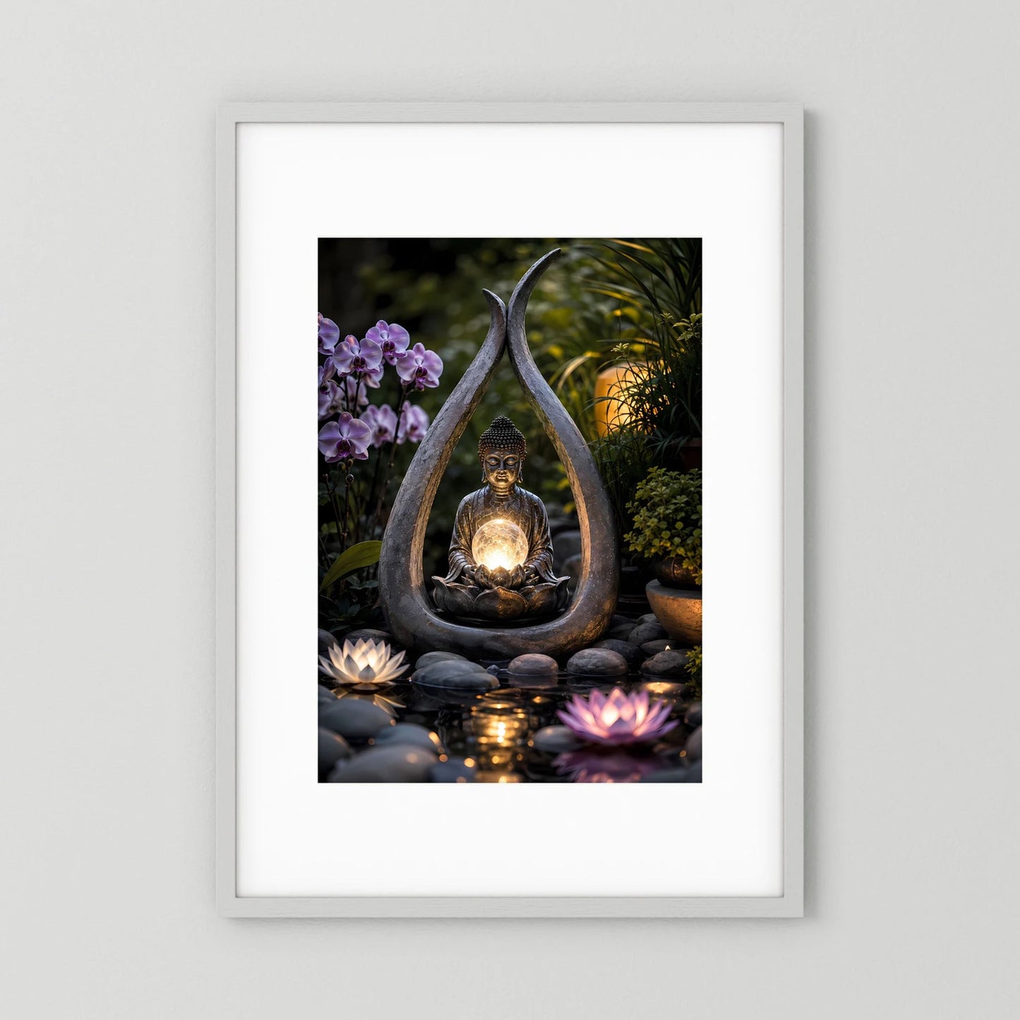Hochformatiges Poster: Meditierender Buddha mit Lichtkugel, Lotus und Blumen im Zen-Garten