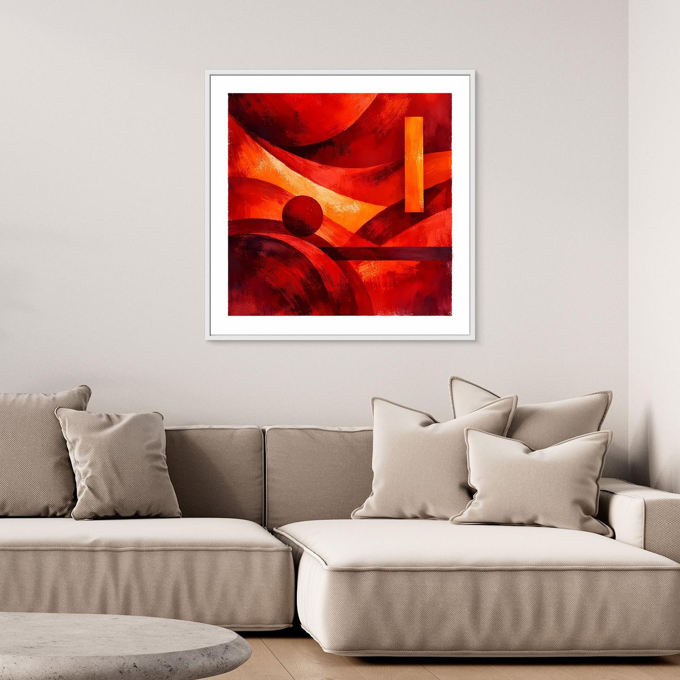 Leinwandbild mit abstrakten roten, orangefarbenen und schwarzen Geometrien, grauer Rahmen