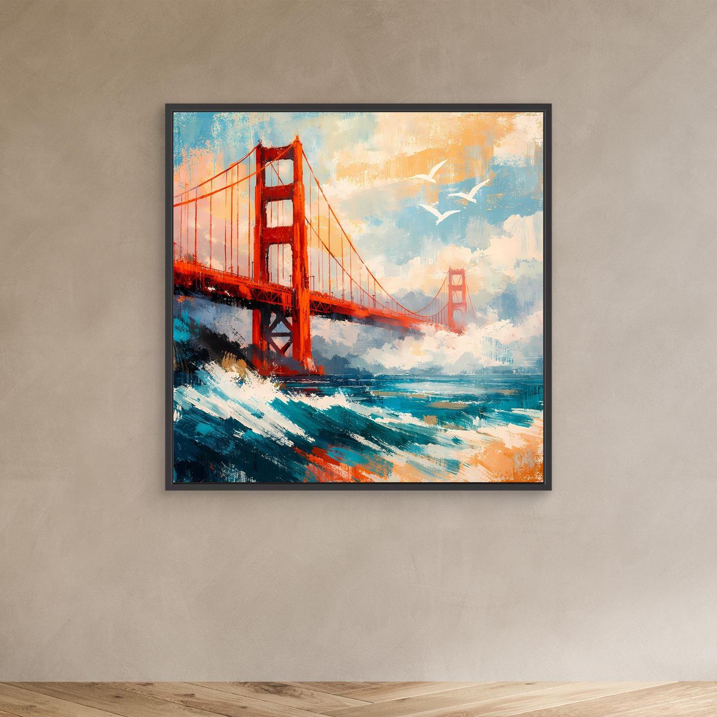 Abstraktes Leinwand-Wandbild mit Golden-Gate-Brücke, orangefarben und türkisblau, schwarzer Rahmen
