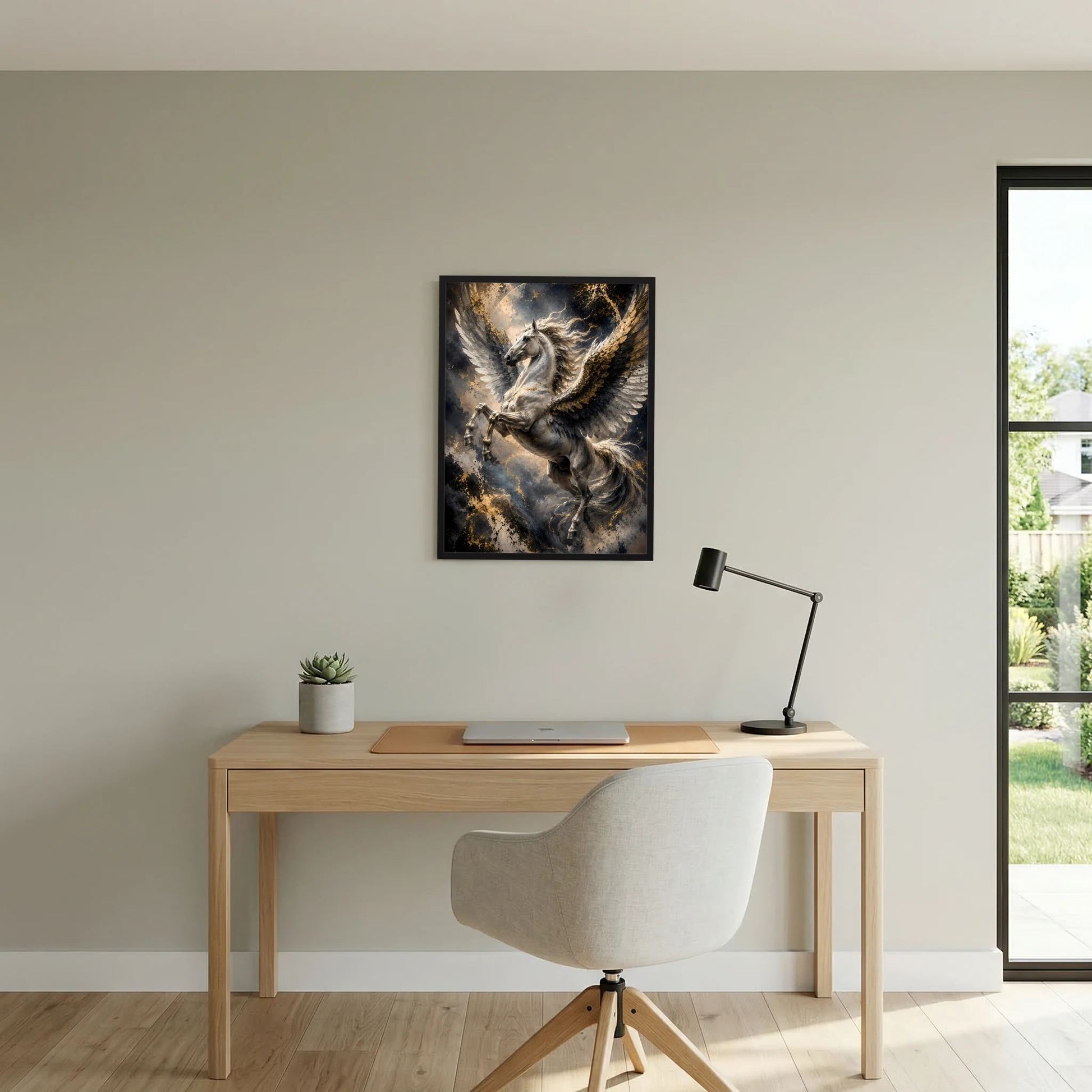 Wandposter mit Pegasus zwischen goldenen Lichteffekten, Flügel schimmern, schwarzer Rahmen