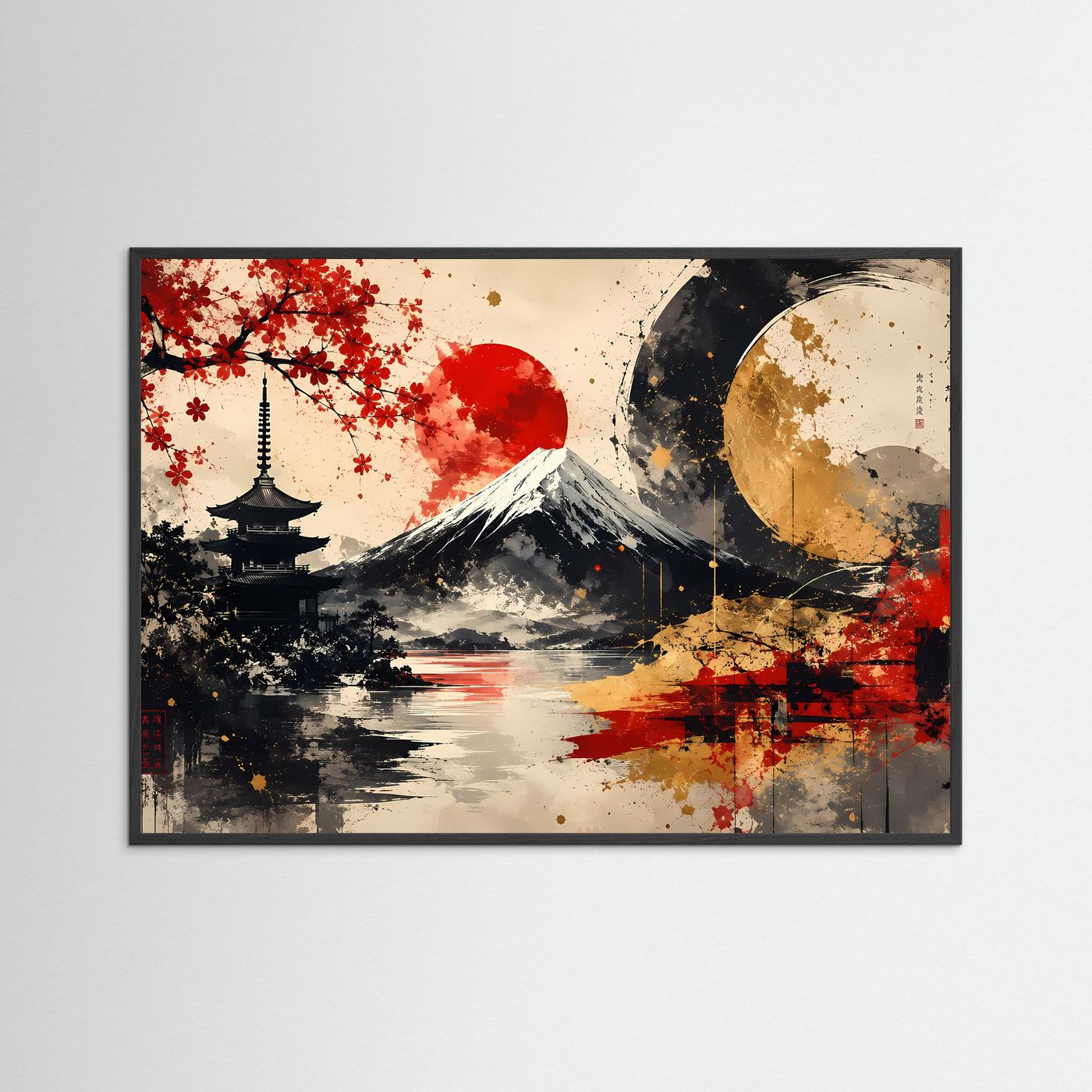 Gerahmtes Japan-Kunstposter (Querformat) mit Fuji, rotem Laub und Mond