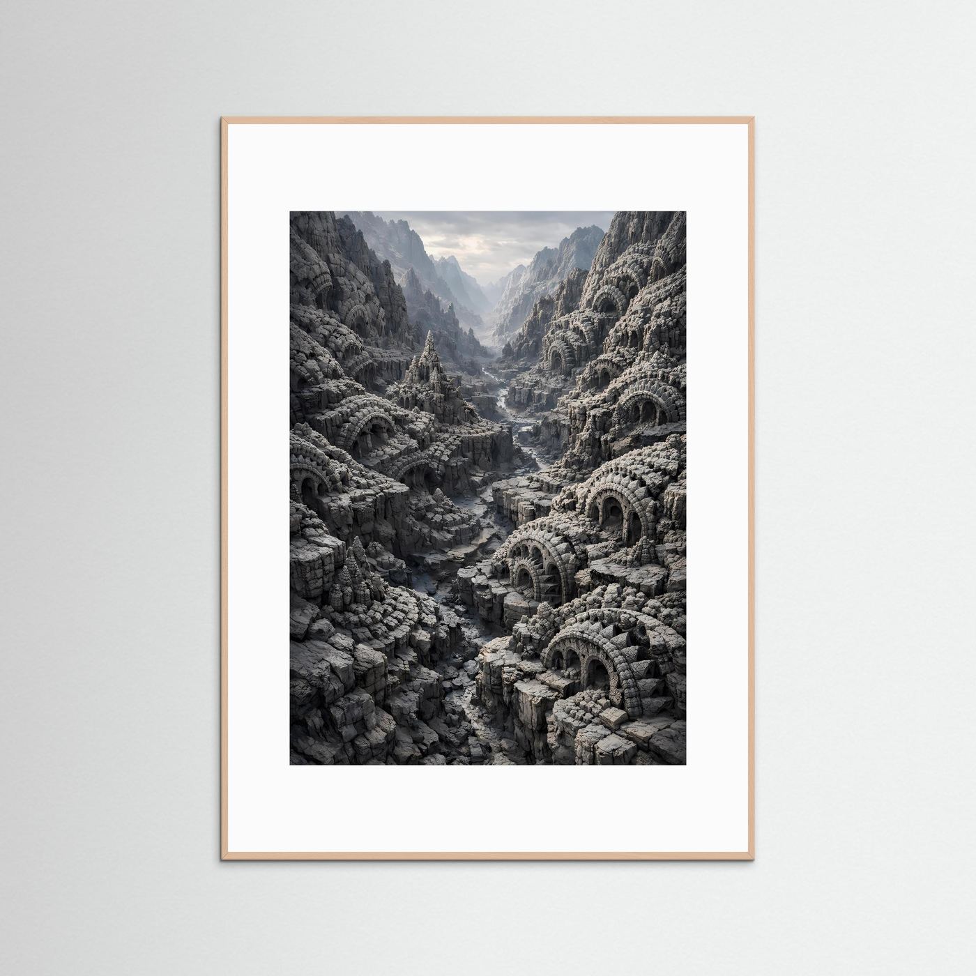 Hochformat-Kunstposter mit steinernen Ruinen und Bögen im Canyon, Anthrazit/Steingrau, rosiger Rahmen